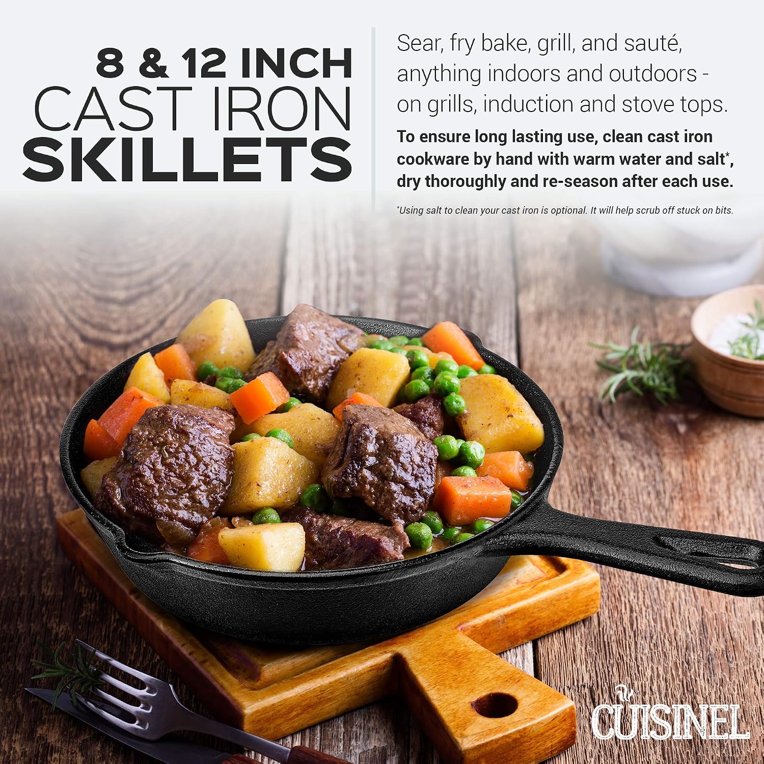 Cast Iron Skillet - 10"-Inch Frying Pan with Pour Spouts + Pan Scraper + Silicone Grip Handle Cover Holder - Pre-Seasoned Oven Cookware - Indoor/Outdoor Use - Stovetop, Induction. PFAS and PFOA-free