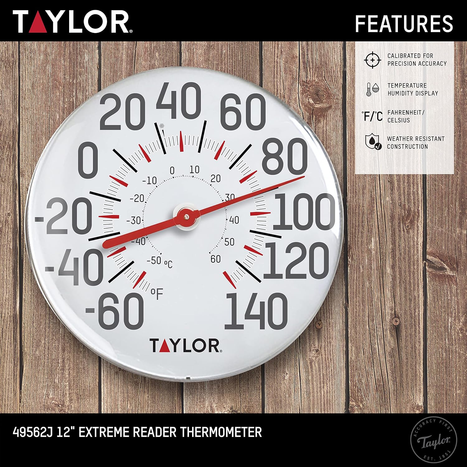 Taylor Metal Wall Indoor Outdoor Thermometer, Wireless Thermometer with Easy to Read Large Numbers for Patio, Pool, and Indoor Areas, 12-inch, White