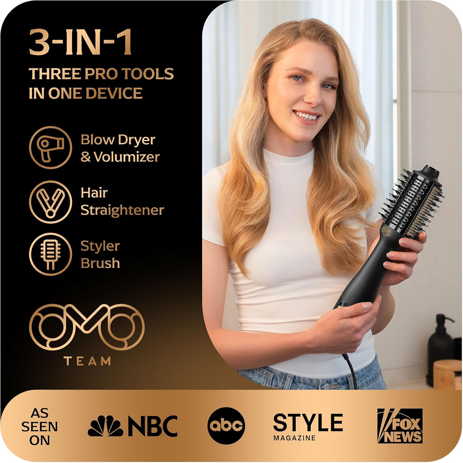Professional Blowout Hair Dryer Brush, Black Gold Dryer and Volumizer, Hot Air Brush for Women, 75MM Oval Shape (Black Gold)