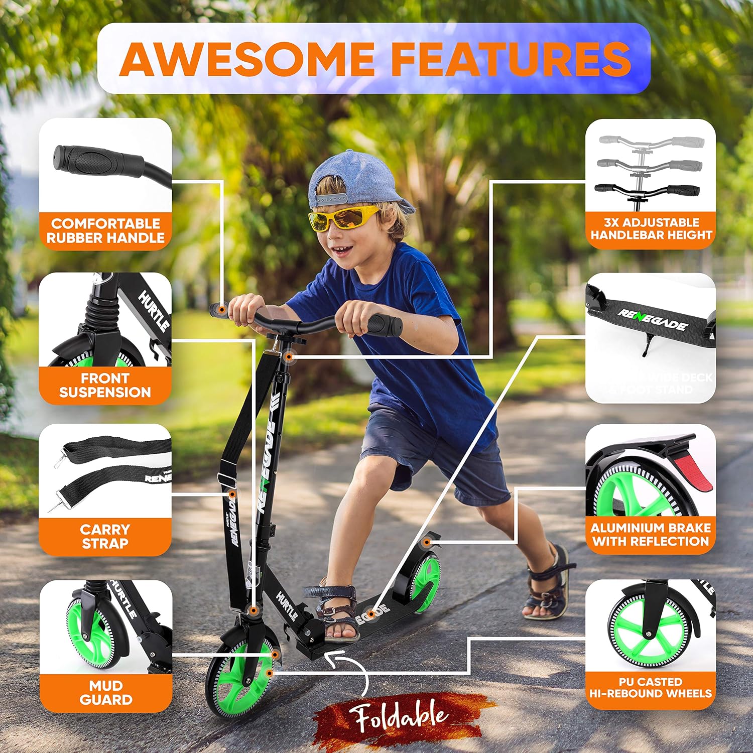 Hurtle Renegade Kick Scooter for Kids, Teenagers & Adults - 2-Wheel Folding Scooter with Adjustable T-Bar Handlebar - Alloy Anti-Slip Deck