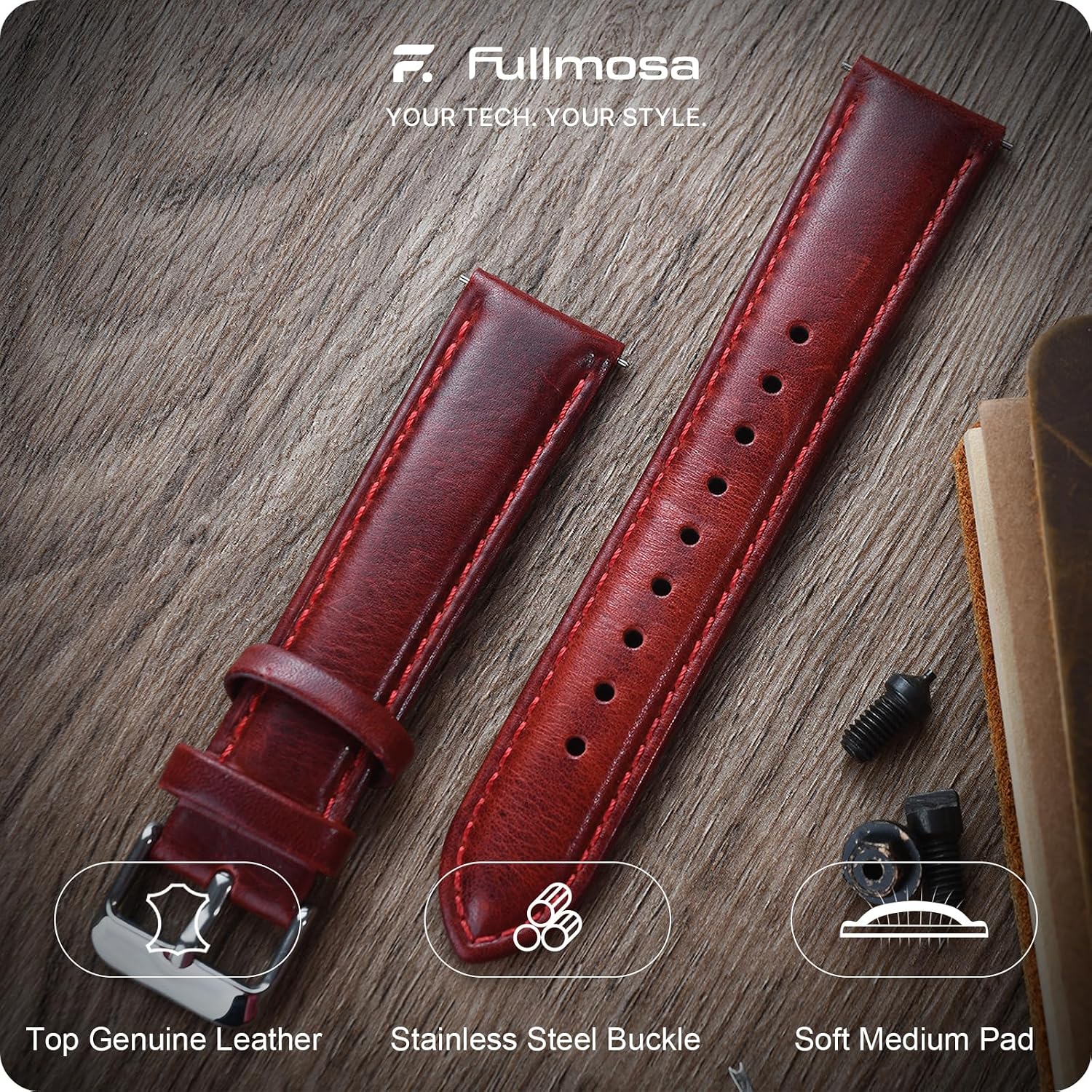 Fullmosa 22mm Quick Release Leather Watch Band for Garmin Samsung Galaxy | Strap for Garmin Vivoactive 4 45mm,Garmin Venu 4(45mm)/Venu 3/Venu 2,Samsung Galaxy Women Men, Red&Silver Buckle