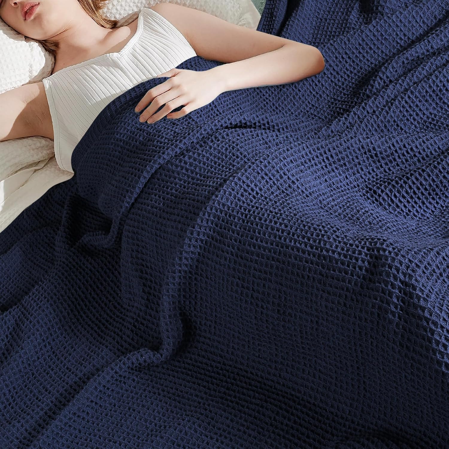 Tex Trend 100% Cotton Waffle Weave Blanket Queen Size - Soft, Breathable Cooling Blanket for Bed, Lightweight Cozy Summer & Spring Bedding, Grey, 90x90
