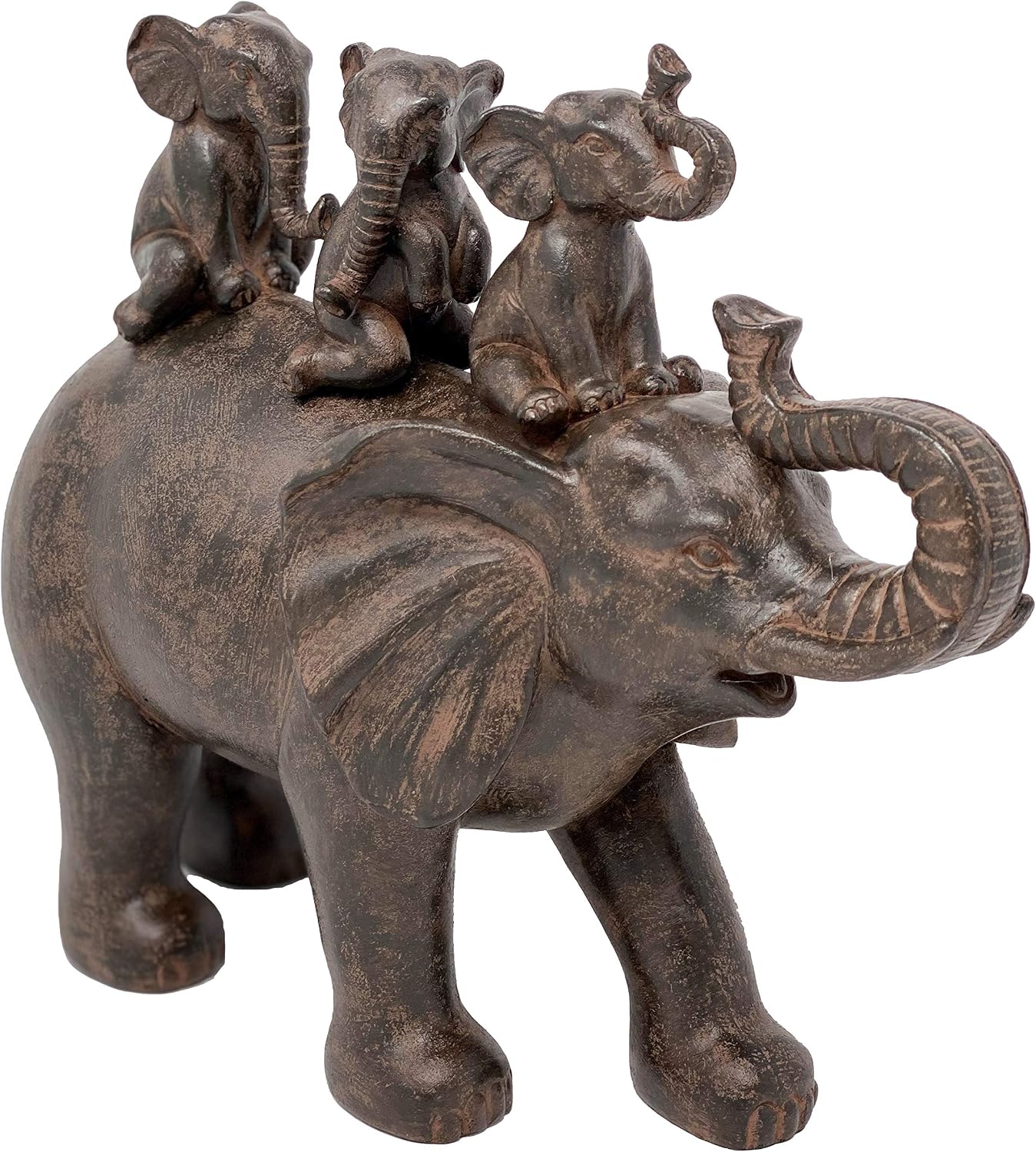 Nature's Mark 8" H 3 Baby Elephants Riding an Elephant Resin Statue Figurine Home Decorative Accent Decor (Brown)