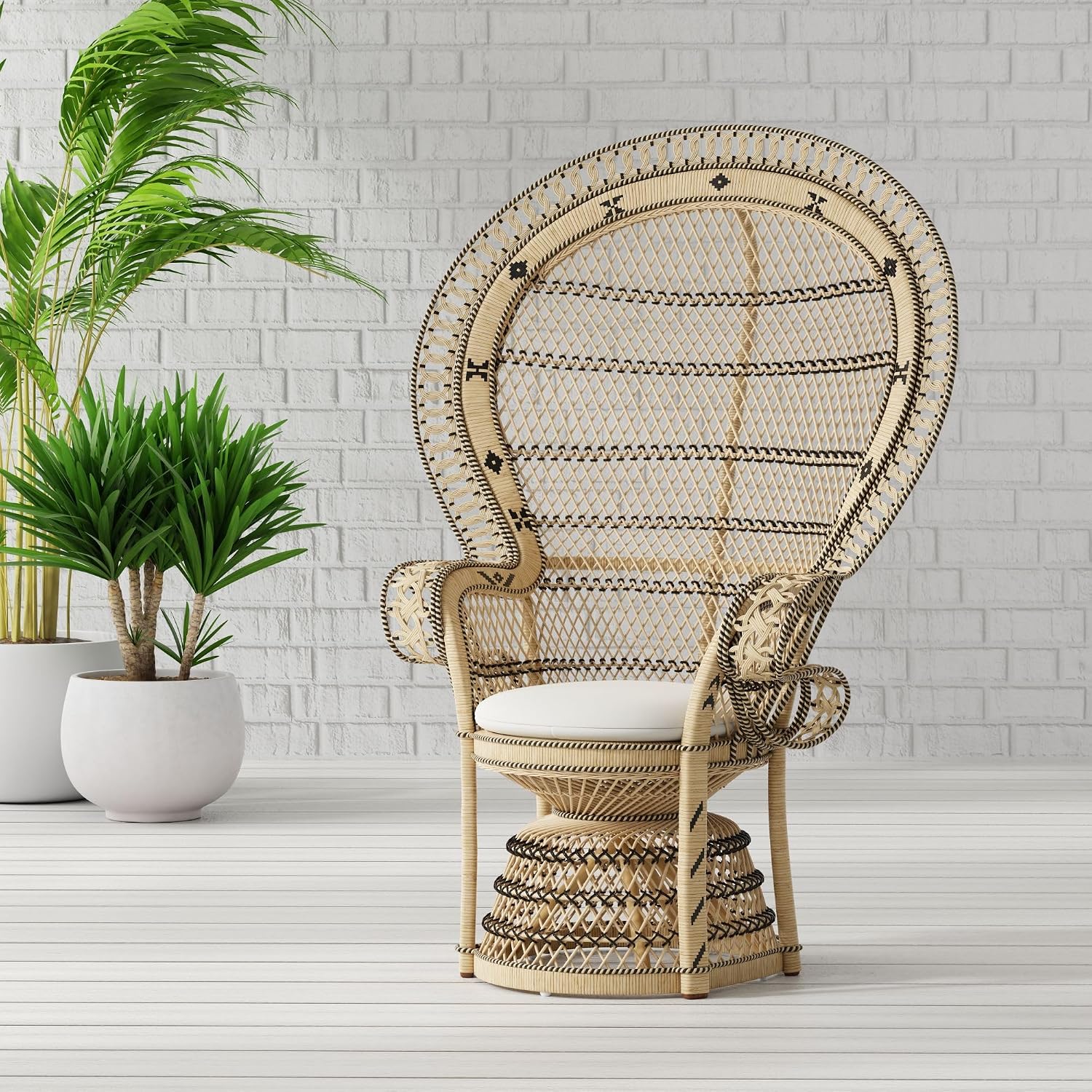 KOUBOO Grand Pecock Retro Peacock Chair in Rattan with Seat Cushion, Natural Color, Large