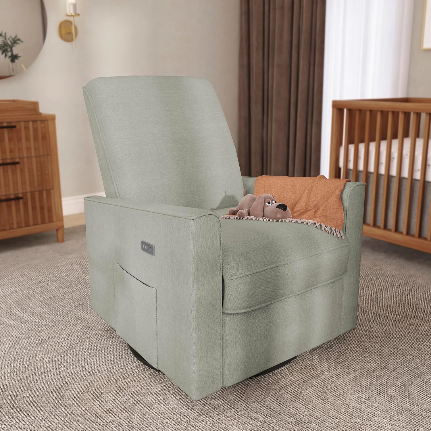 évolur Harlow Upholstered Power Glider Recliner with USB Charging – Rocking & 275° Swivel with Smooth Glide – Greenguard Gold & FSC