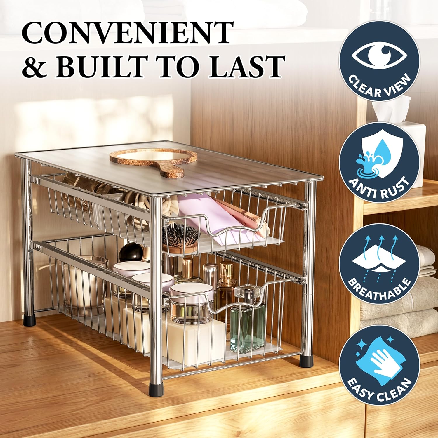 Simple Houseware Stackable 3 Tier Sliding Basket Organizer Drawer, Chrome