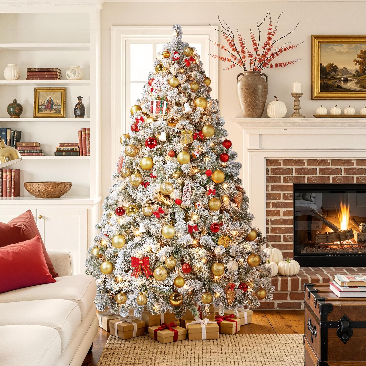 Yaheetech 7.5ft Pre-Lit Snow Flocked Artificial Christmas Tree, 550 Lights