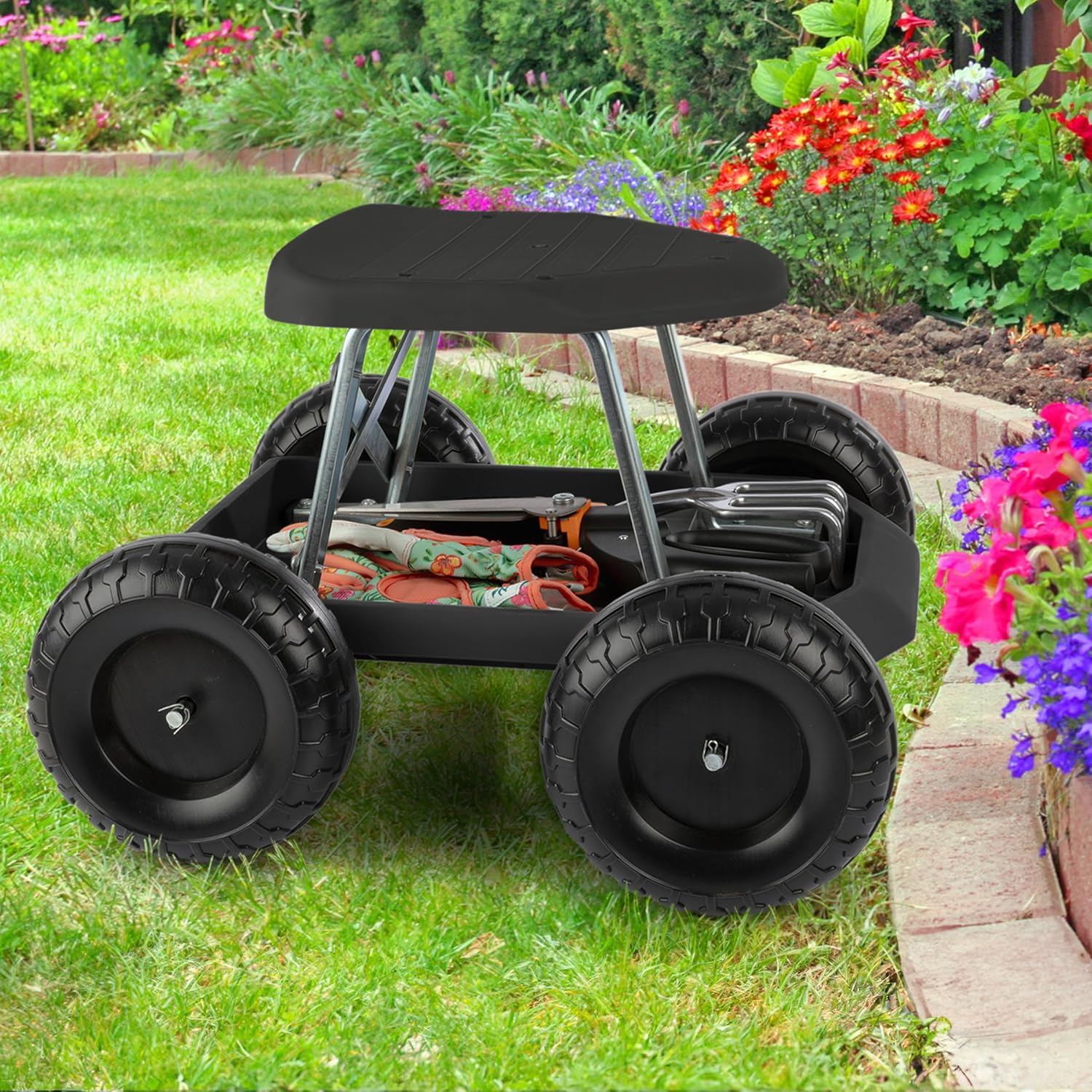 Pure Garden Rolling Garden Seat with Wheels and Tool Tray, Black/Green | Gardening Stool Garden Cart Scooter with Storage for Yard Tools