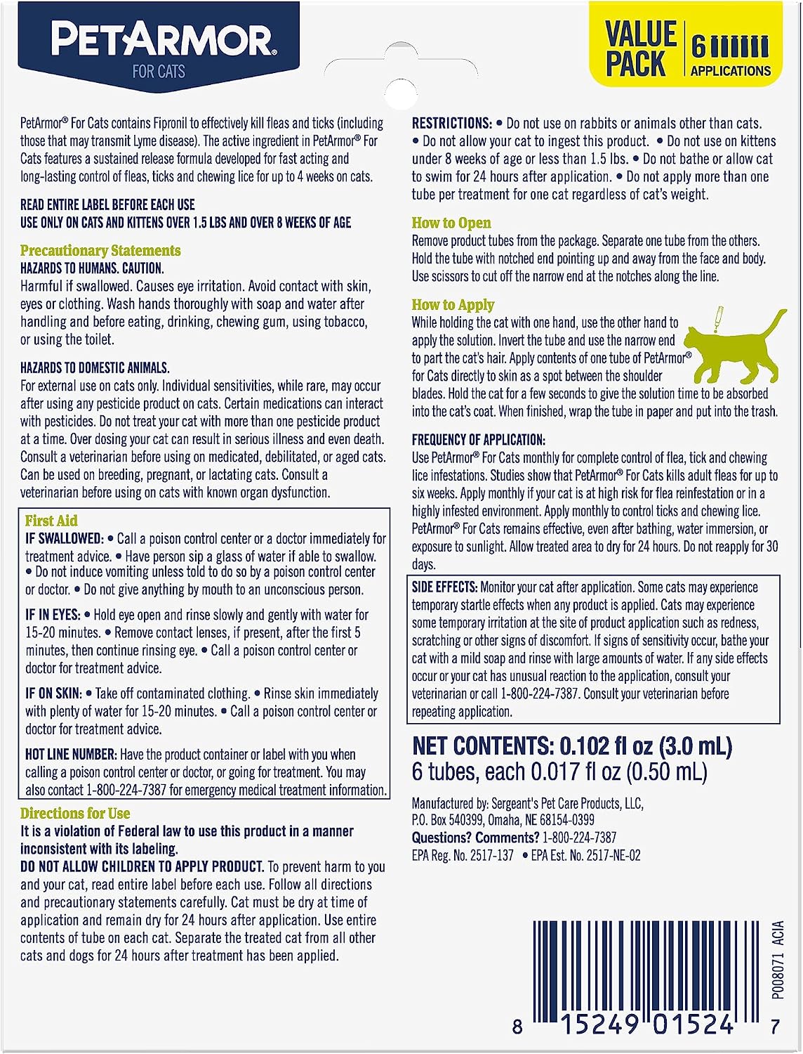 PetArmor for Cats, Flea & Tick Treatment for Cats (Over 1.5 Pounds), Includes 3 Month Supply of Topical Flea Treatments