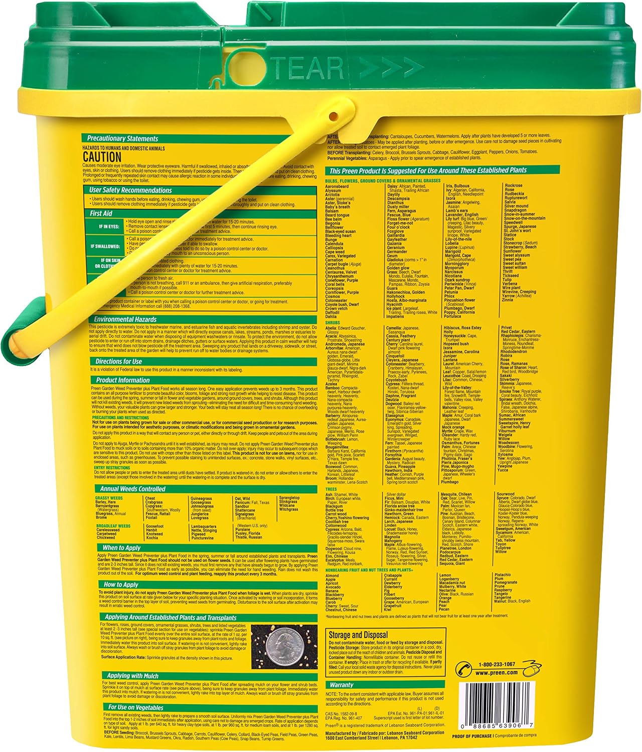Preen Garden Weed Preventer Plus Plant Food 16 lb. Drum, Covers 2,560 sq ft | Granular All Purpose Fertilizer with Pre Emergent Weed Control for Gardens – Prevents Weeds and Feeds Plants