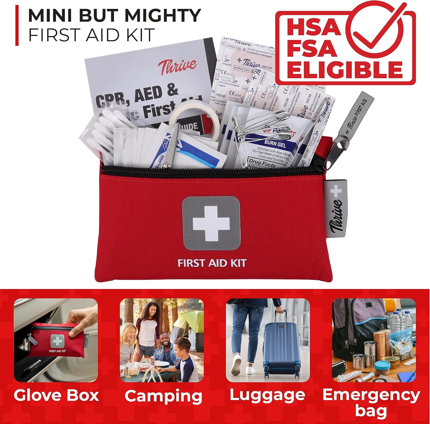 Thrive Mini First Aid Kit - Compact Travel Essentials Pack - Waterproof Camping Essentials Set - Portable Car First Aid Kit & Hiking Supplies Pouch - 66-Piece Set, Red Shell Case