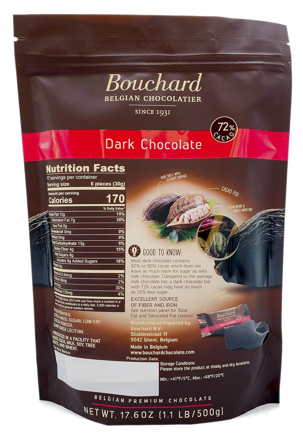 Bouchard Premium Belgian Dark Chocolate with 72% Cacao | Individually Wrapped Pieces (2 LB)