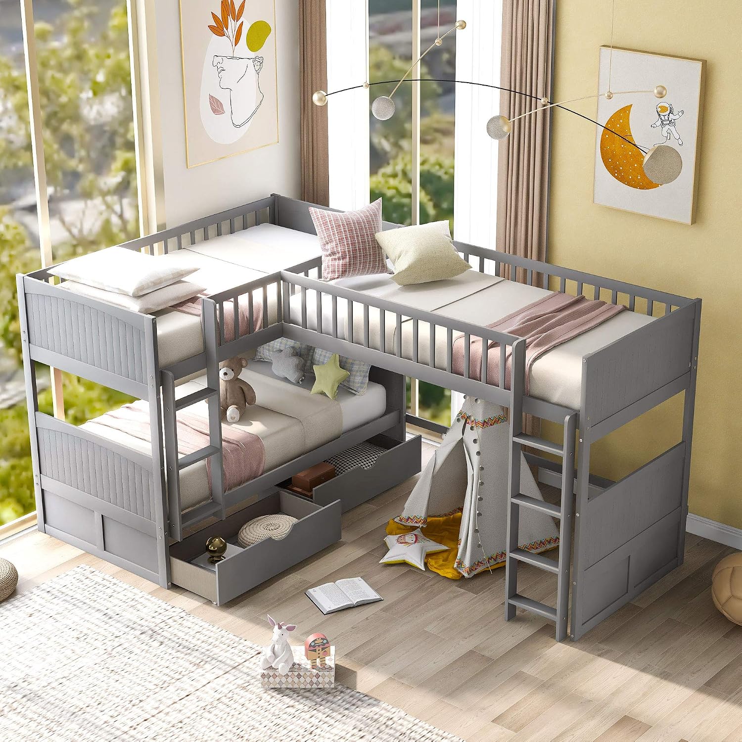 Harper & Bright Designs Twin L-Shaped Bunk Bed with Trundle, Can be Divided into Two L-Shaped Beds, No Spring Box Needed (Grey)