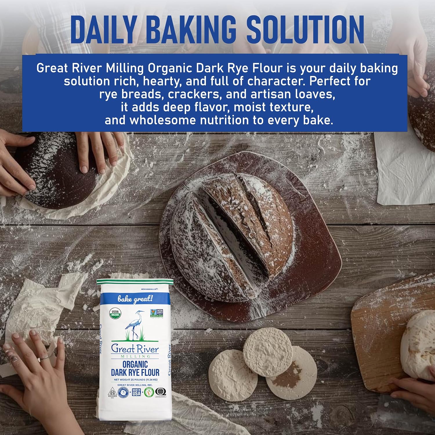 Great River Milling Organic Dark Rye Flour, Whole Grain, 25 lb
