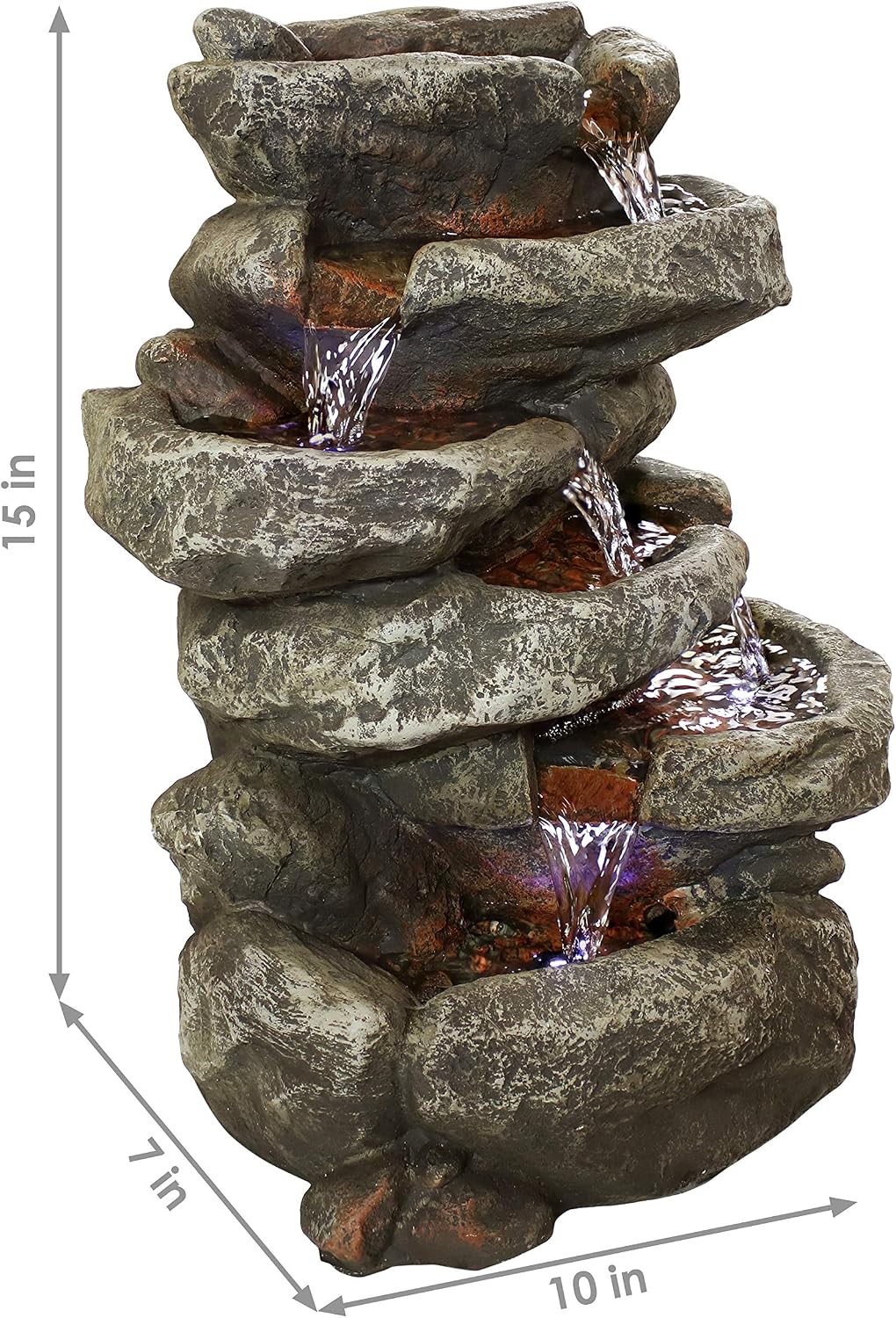 Sunnydaze 15" 6-Tier Tabletop Water Fountain with LED Lights, Stone Falls | Indoor Tabletop Fountain, Calming Sounds