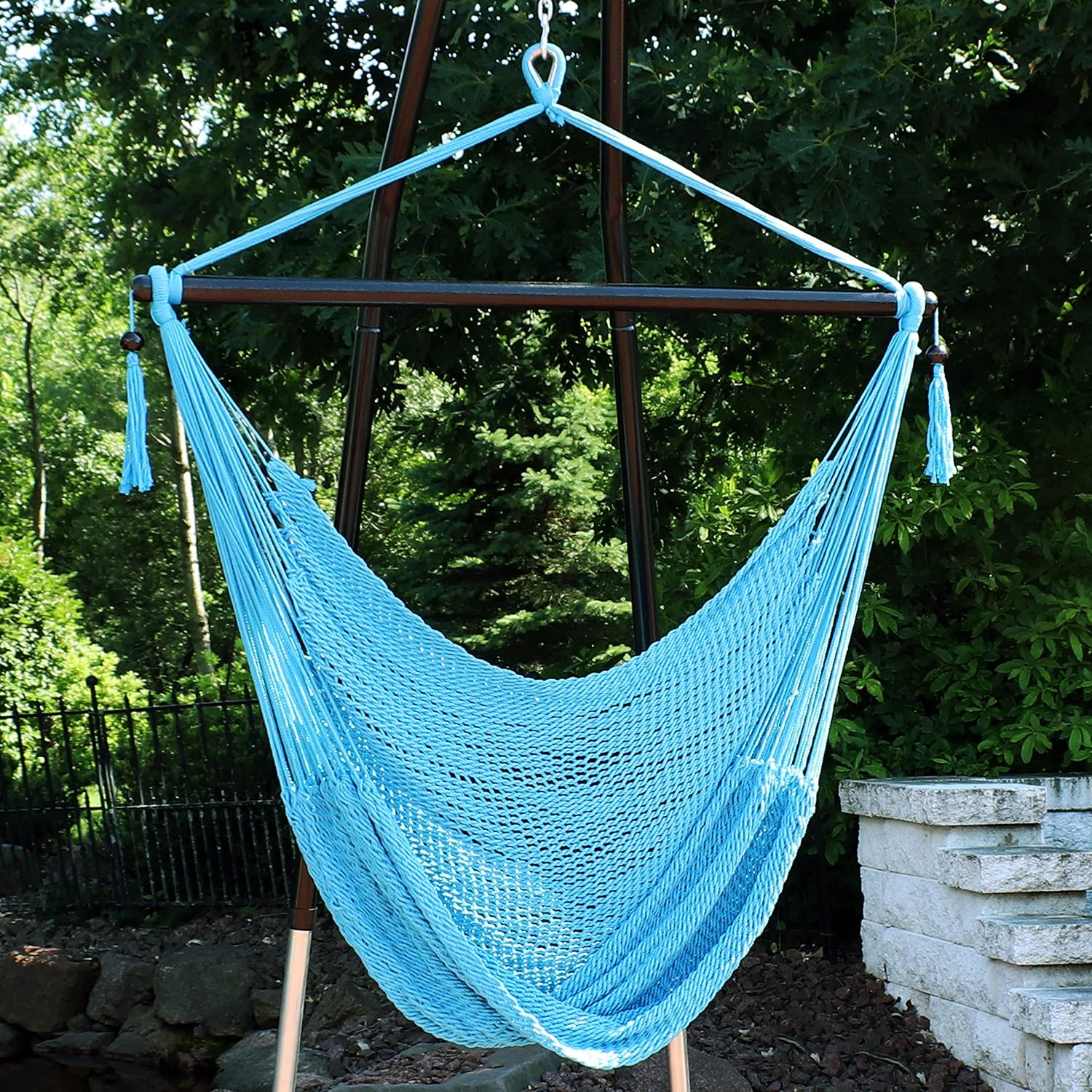Sunnydaze Hanging Hammock Chair Swing for Patio, Caribbean, Tan | 300 lb Capacity, Wooden Spreader Bar, Woven Polyester, Hang From a Tree, Hammock Chair Stand, or Ceiling, Hammock Swing Chair