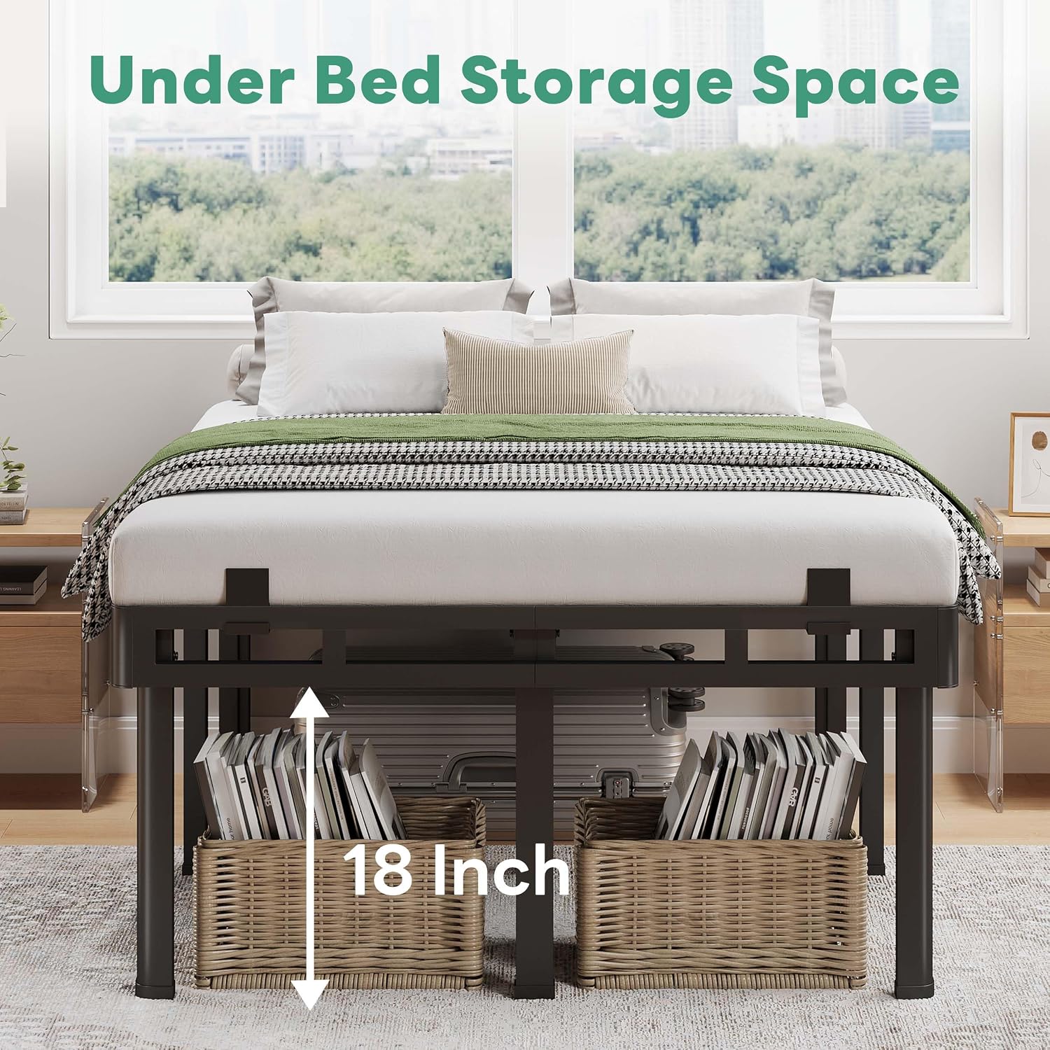 Superay 24 inch HIgh Queen Bed Frame with Rounded Legs, Double Layer Design | Metal Bed Frame & Box Spring 2 in 1 High Platform with Matress Gasket & headboard Adapter, Heavy Duty Support 4000lbs, Black