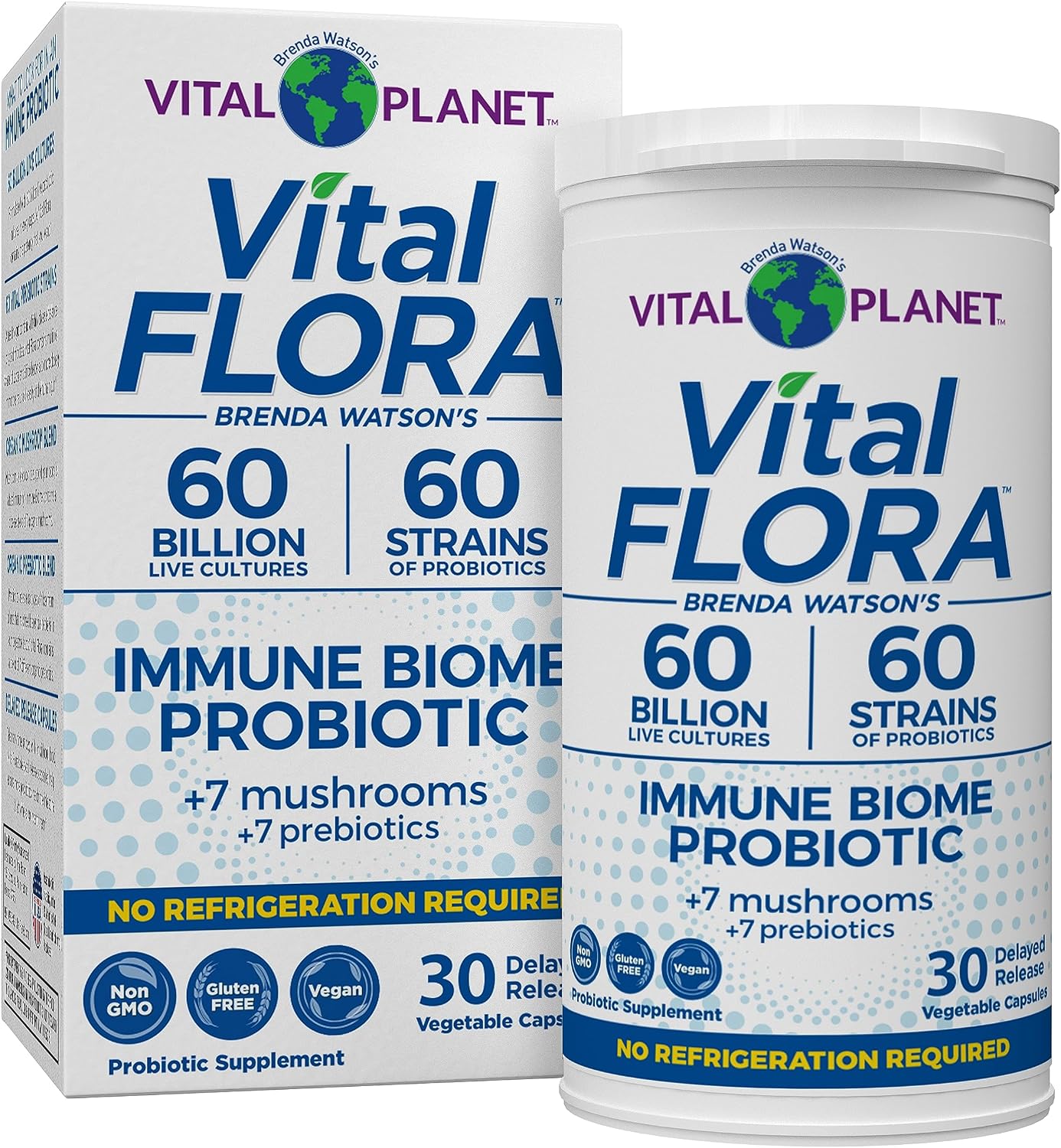 Vital Planet - Vital Flora Immune Support Probiotic, 60 Billion CFU, 60 Diverse Strains, 7 Organic Mushroom Supplement Blend with Prebiotics