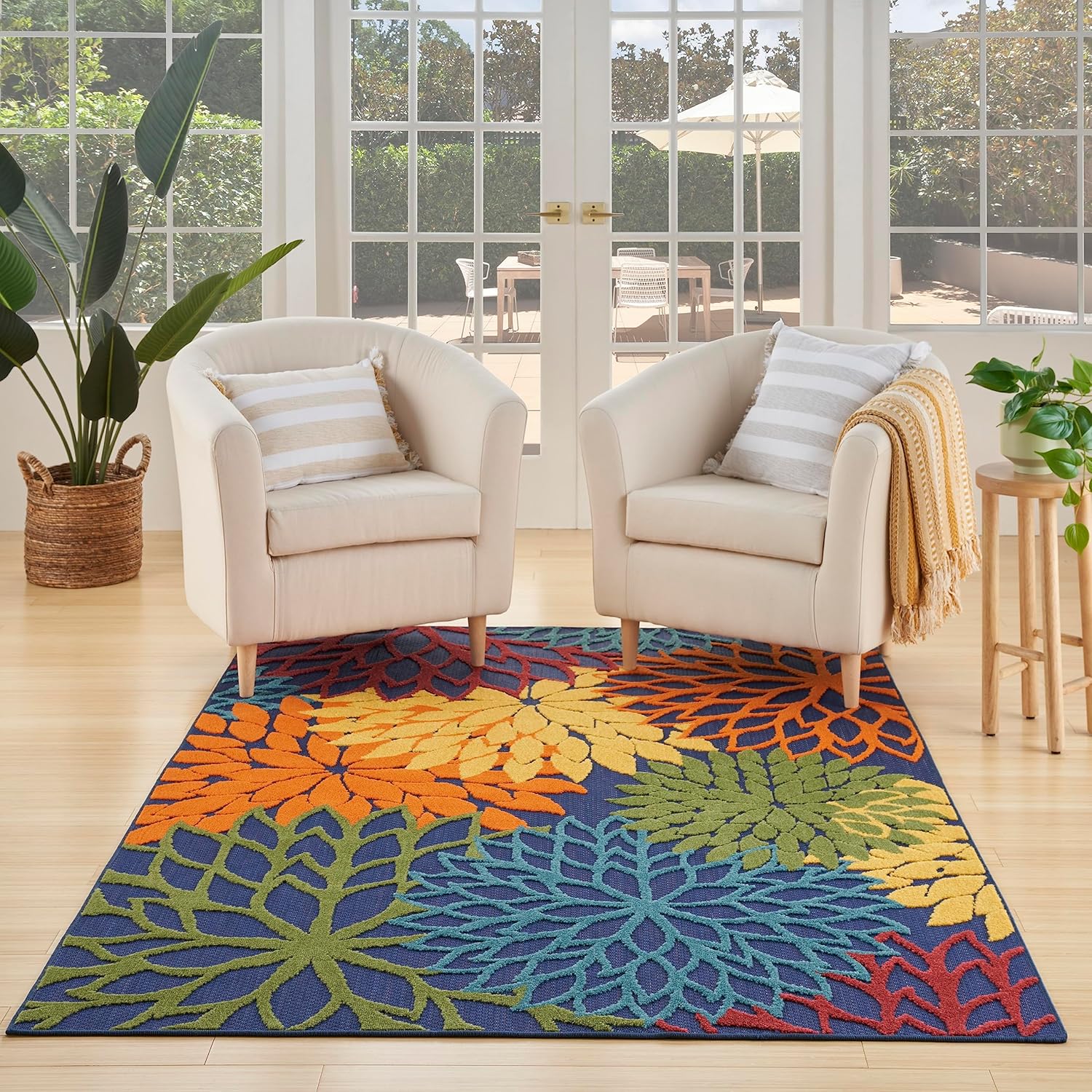 Nourison Home Aloha Indoor/Outdoor Black White 2'8" x 4' Area Rug, Tropical, Botanical, Easy Cleaning, Non Shedding, Bed Room, Living Room