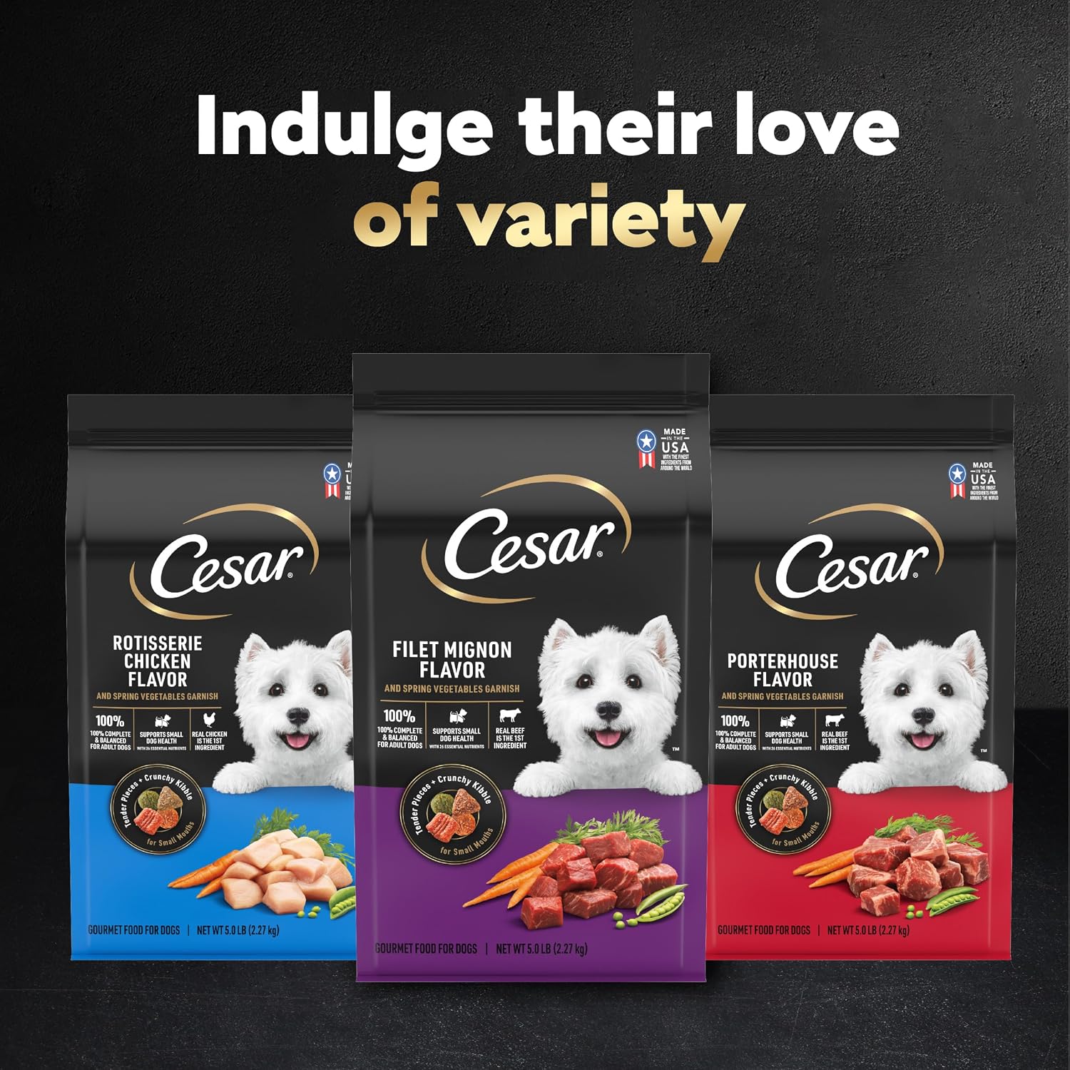 Cesar Small Breed Dry Dog Food, Chicken & Spring Vegetables Flavor, 5 lb | Made in USA, Real chicken #1 ingredient, 26 essential nutrients, supports small breed health, no artificial flavors