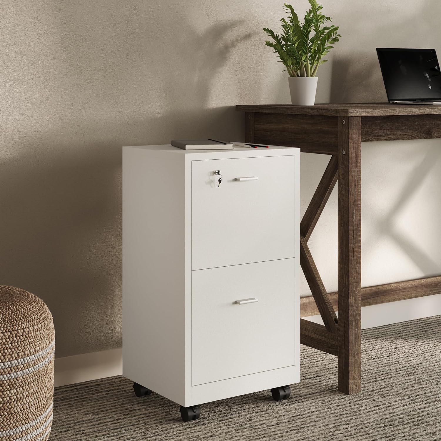 File Cabinet - 2-Drawer Cabinet with Lock and Deep Drawer Storage - Rolling Filing Cabinet for Under The Desk, Home, or Office by Lavish Home (White)