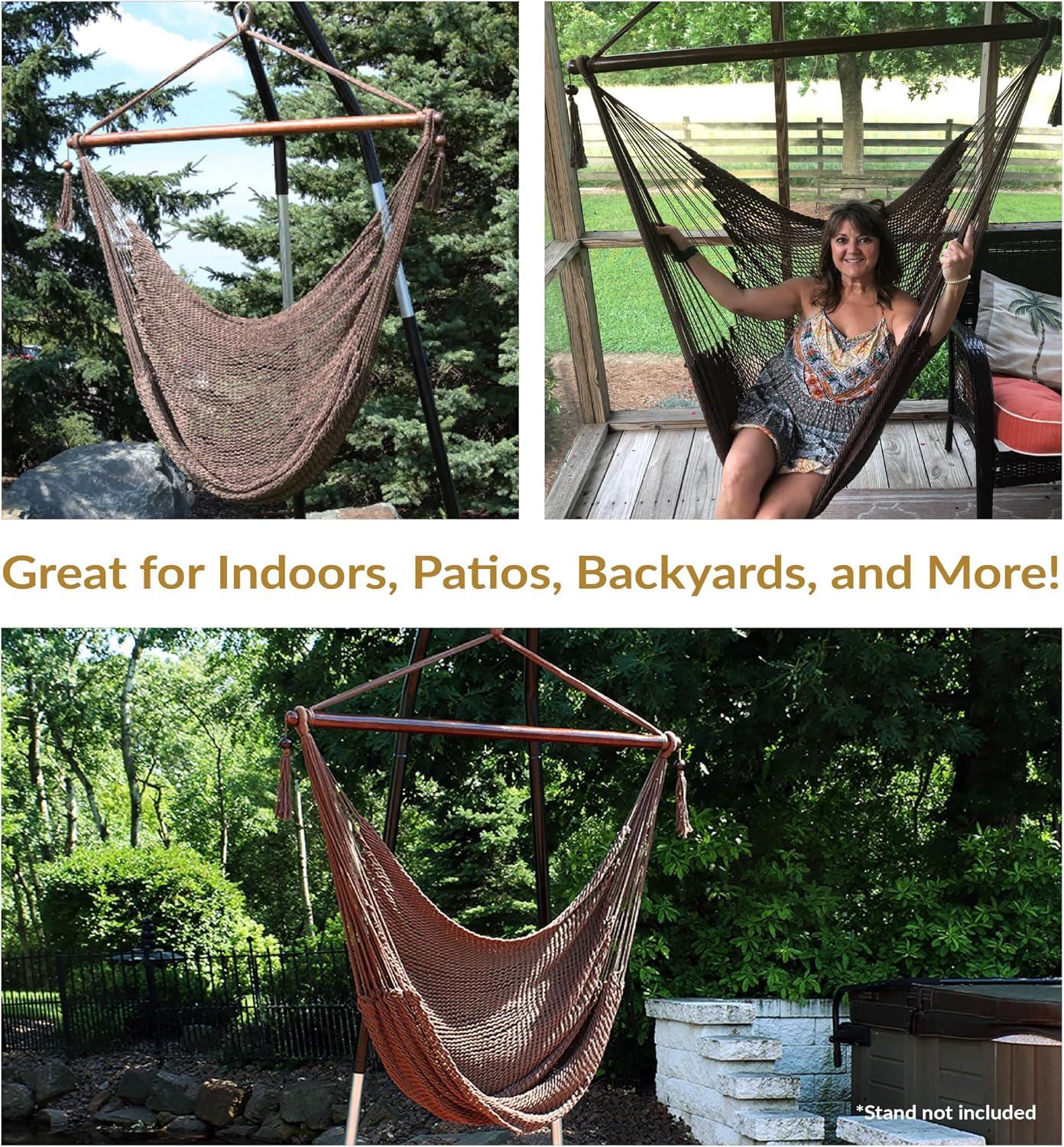 Sunnydaze Hanging Hammock Chair Swing for Patio, Caribbean, Tan | 300 lb Capacity, Wooden Spreader Bar, Woven Polyester, Hang From a Tree, Hammock Chair Stand, or Ceiling, Hammock Swing Chair
