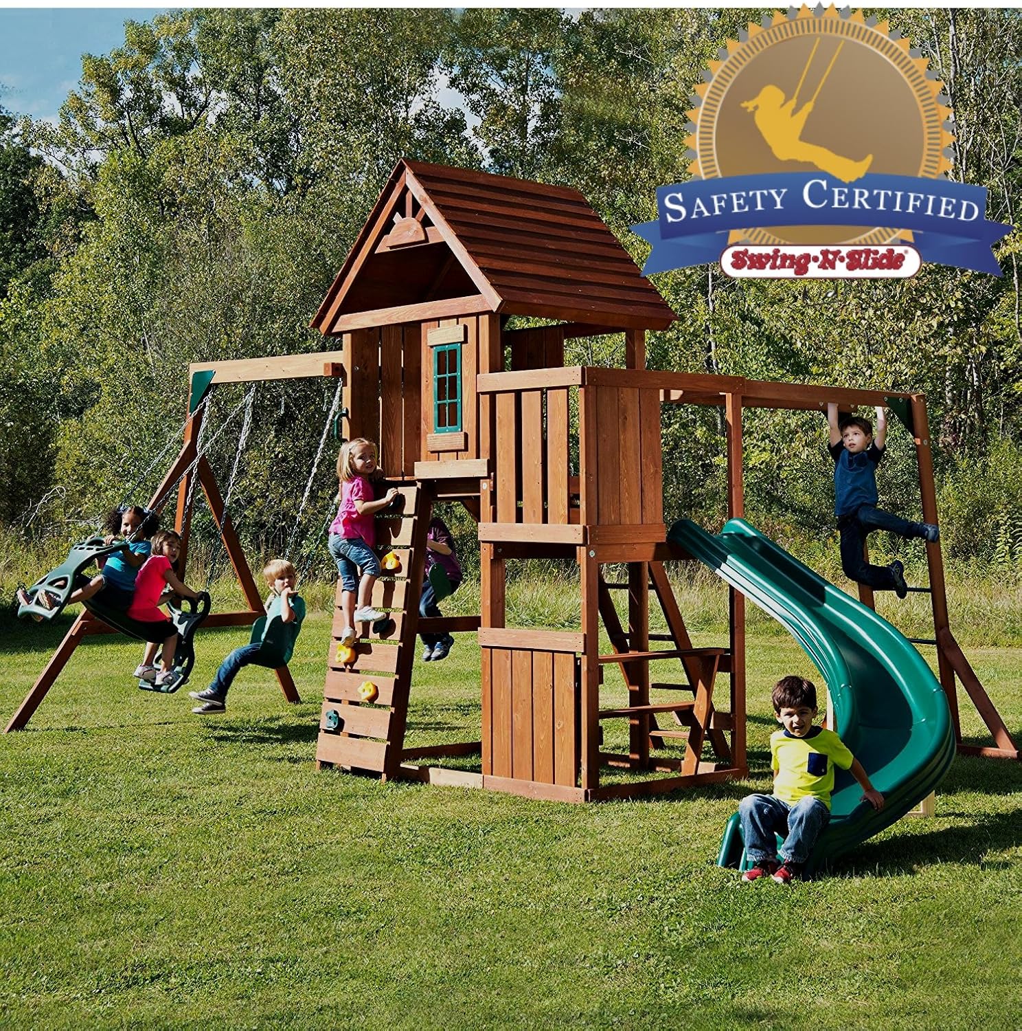 Swing-N-Slide PB 8272 Cedar Brook Wooden Swing Set Play Set with Two Swings, Slide, Monkey Bars, Picnic Table & Glider, Green