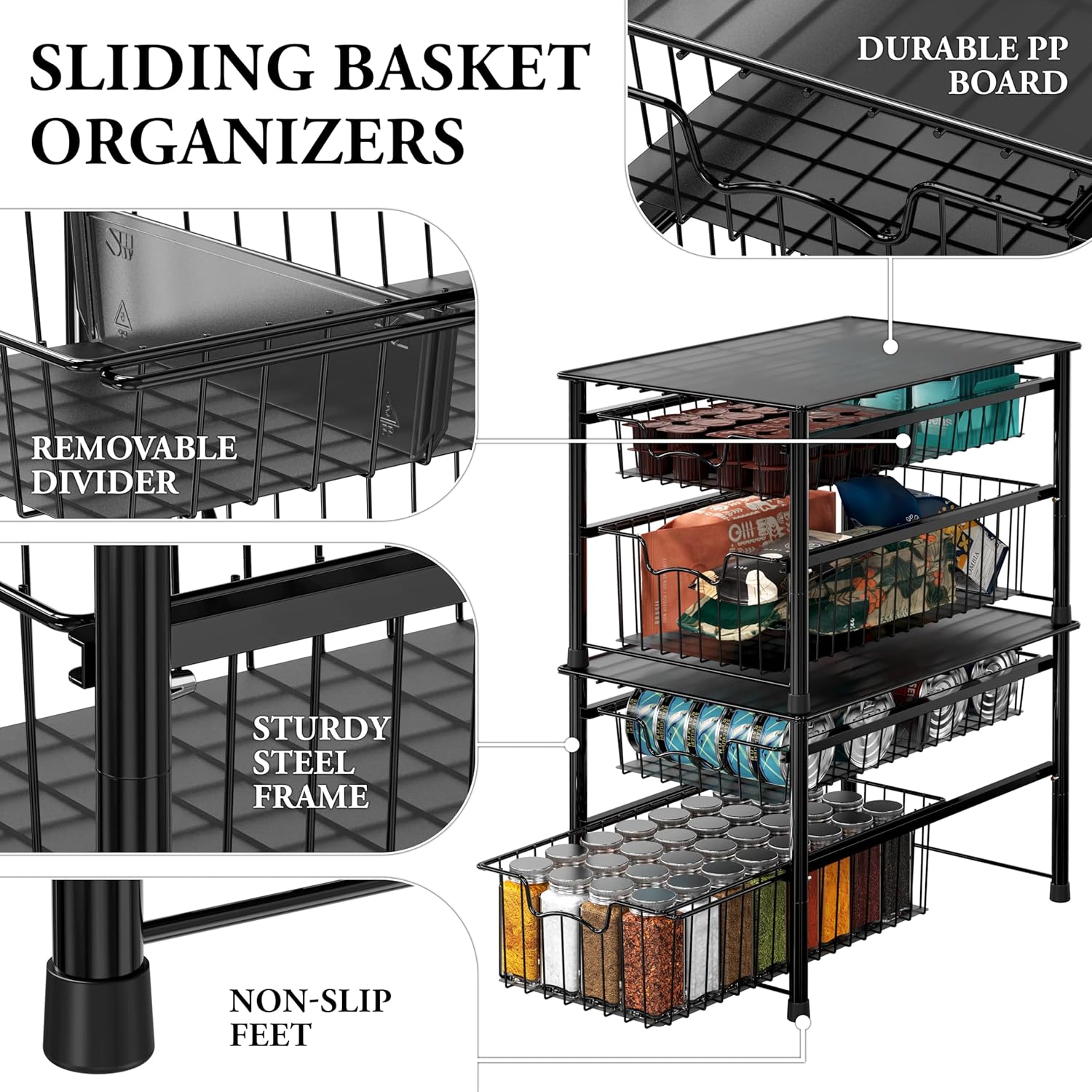 Simple Houseware Stackable 3 Tier Sliding Basket Organizer Drawer, Chrome