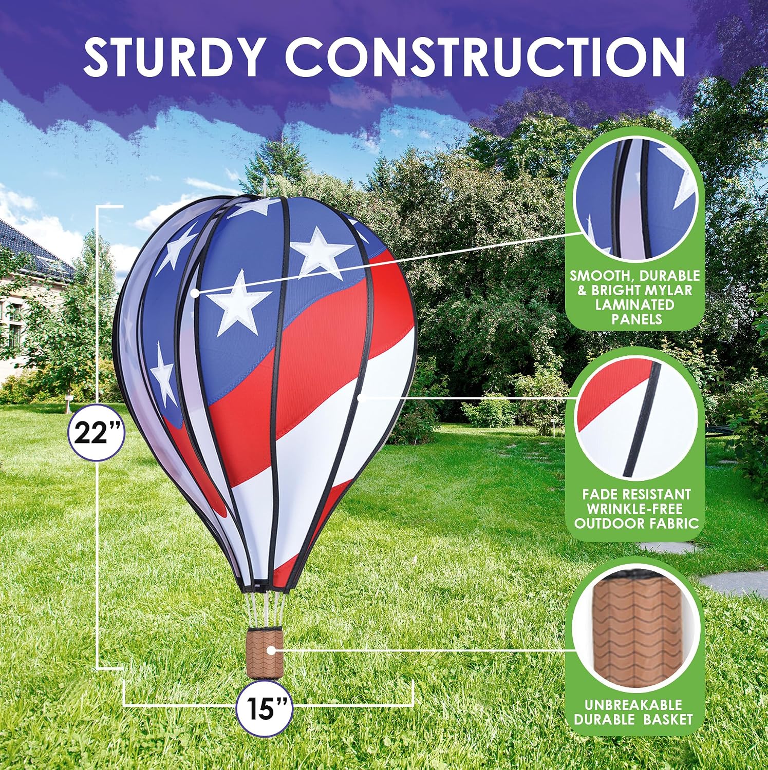 Hot Air Balloon Hanging Garden Spinner 22" - Vibrant Patriotic Design, Weather-Resistant Outdoor Decor, Durable & Lightweight for Patios, Yards