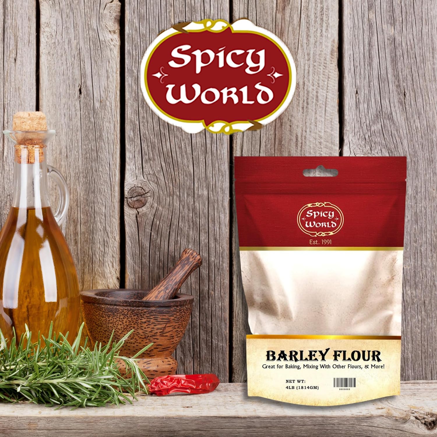 Spicy World Barley Flour - 4 lb (64oz) Bag | All-Natural, Raw, USA Grown | Versatile Barley Grain for Baking, Cooking, and More | Rich Source of Fiber