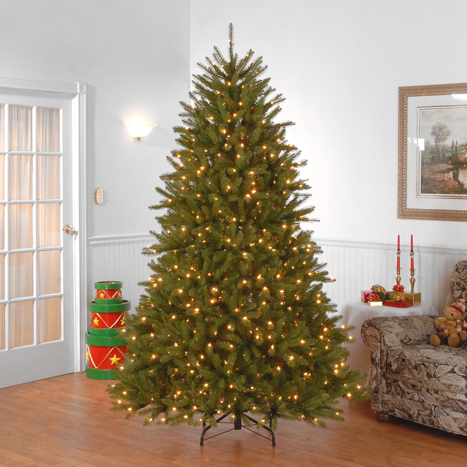 National Tree Company 7.5 ft Pre-Lit Dunhill Fir Artificial Christmas Tree, 600 Warm White LED Lights, 2, 189 Tips, Includes Stand