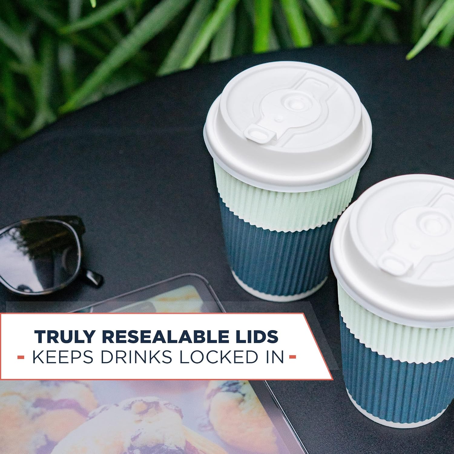 Disposable Coffee Cups With Lids - (80 set) 12 oz Paper To Go Coffee Cups With Resealable Lids Prevent Leaks! Travel Insulated Hot Beverage Drink Cup. Will Not Bend With Heat or Burn Fingers