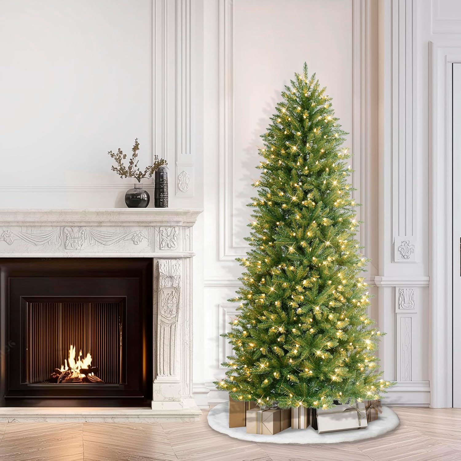 Puleo International 7.5ft Pre-Lit Slim Fraser Christmas Tree with 500 Warm White LED Lights, 1453 Realistic Dense Branch Tips, Easy Setup Artificial Trees with Sturdy Metal Stand