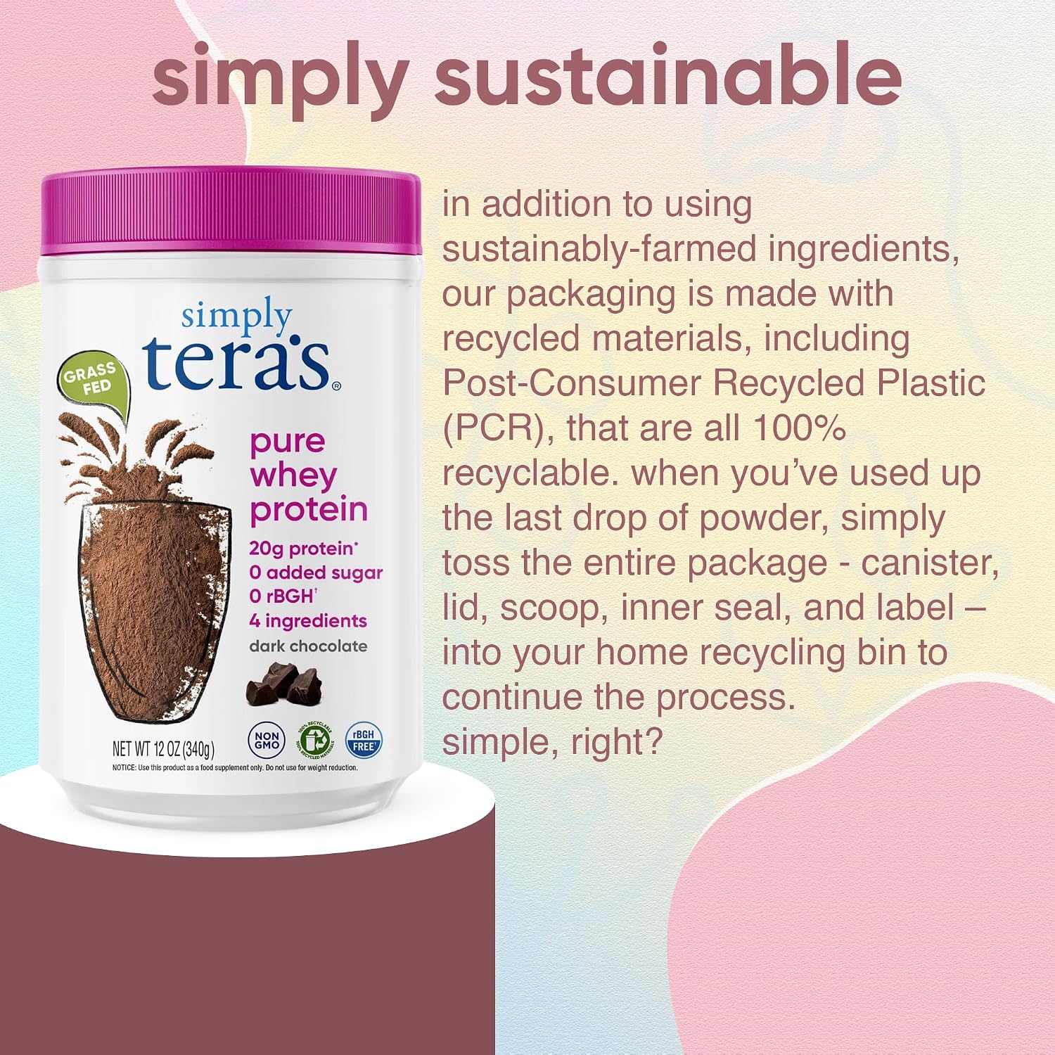 Simply tera's Pure Whey Protein Powder, Dark Chocolate, Clean Label - 12 Oz | Clean Whey Protein Powder, Made Without Artificial Sweeteners, Non-GMO, Kosher, rBGH-Free