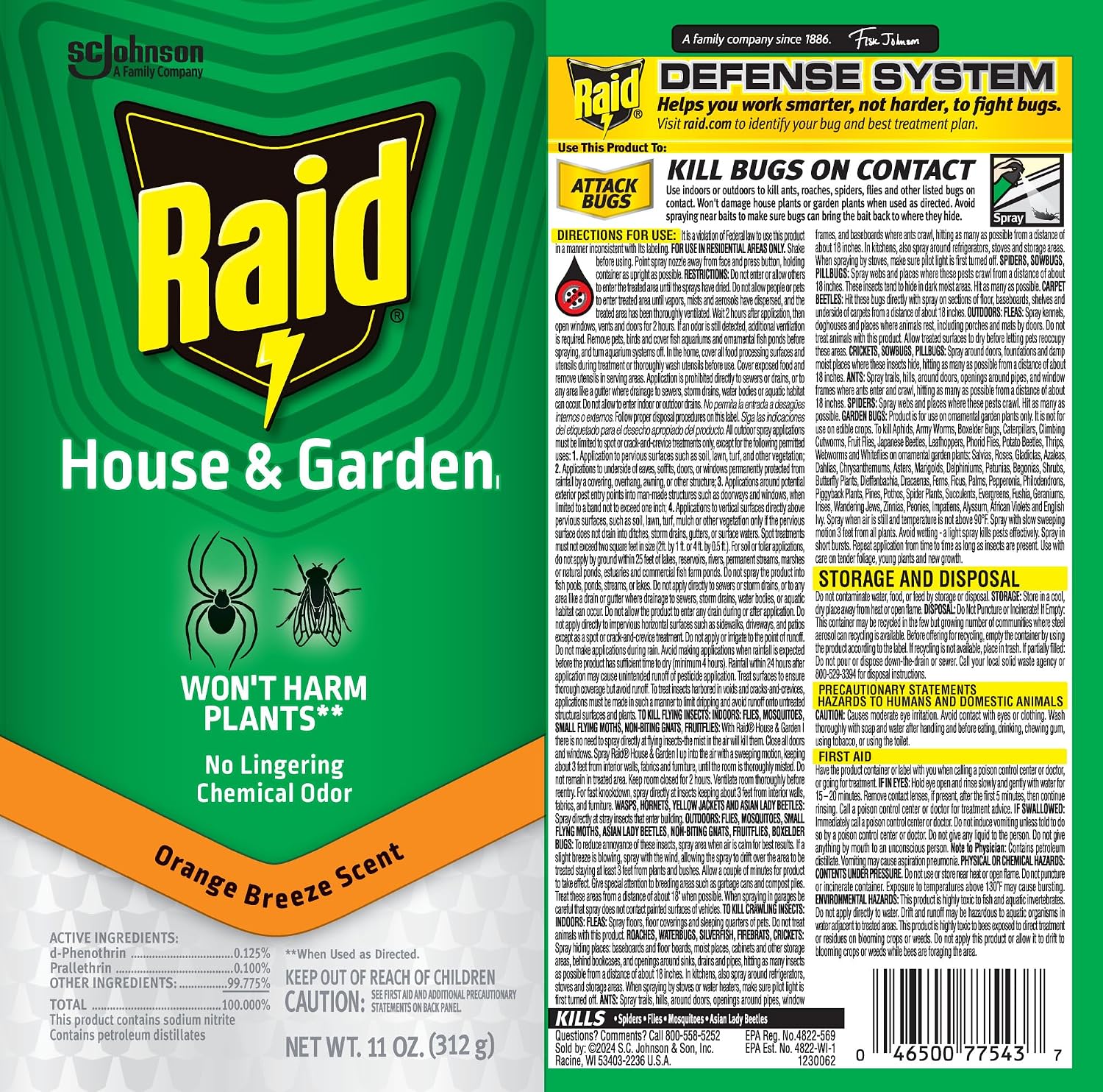 Raid House and Garden Insect Killer Spray, for Indoor and Outdoor Use, Won't Harm Plants, Insect Spray, Orange Breeze Scent, 11 oz