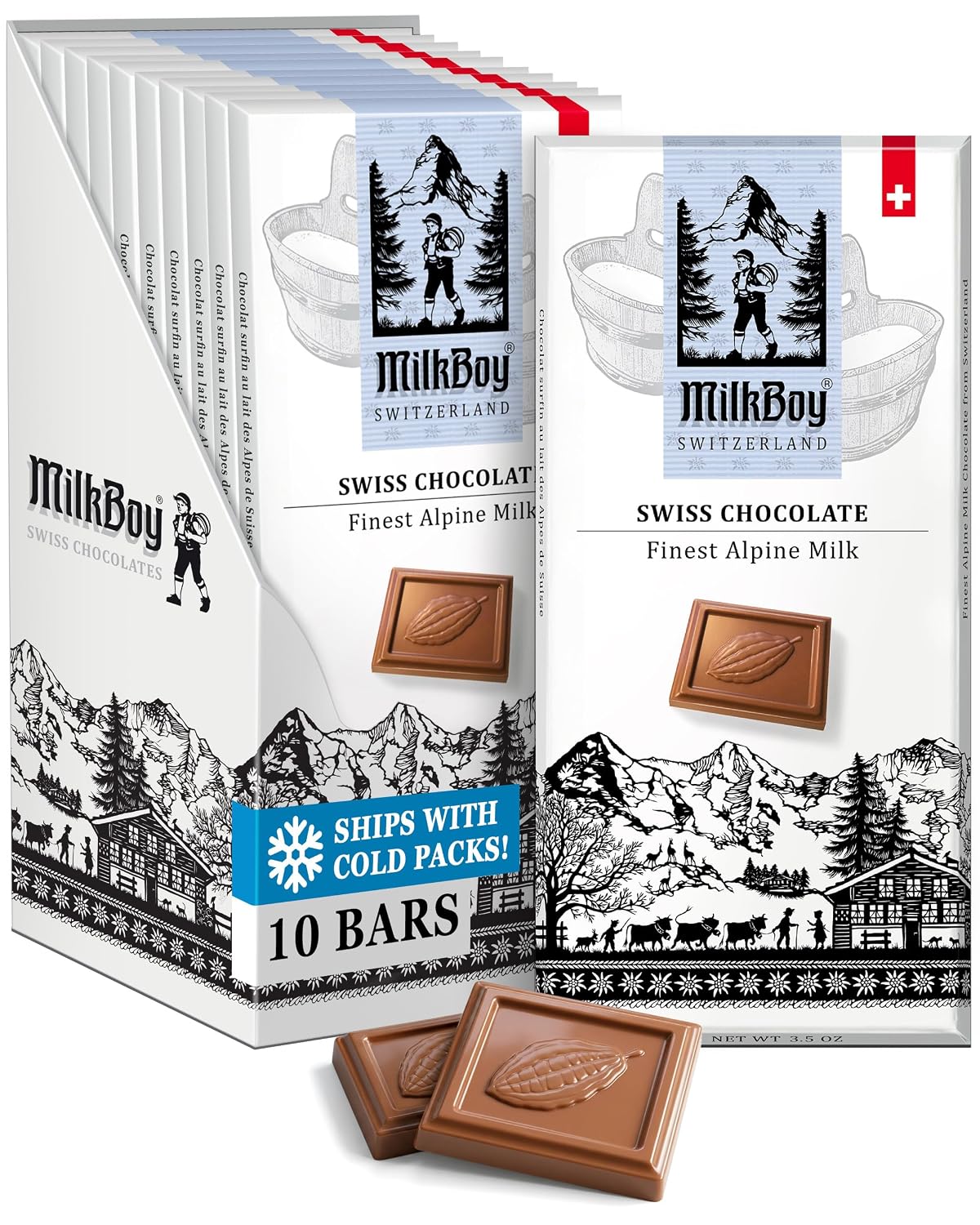 MilkBoy Swiss Chocolates Alpine Milk Chocolate Bars - 3 oz, 5 Pack | Premium gourmet treat with creamy milk. Rainforest Alliance certified cocoa. Gluten free. Kosher. Crafted in Switzerland.