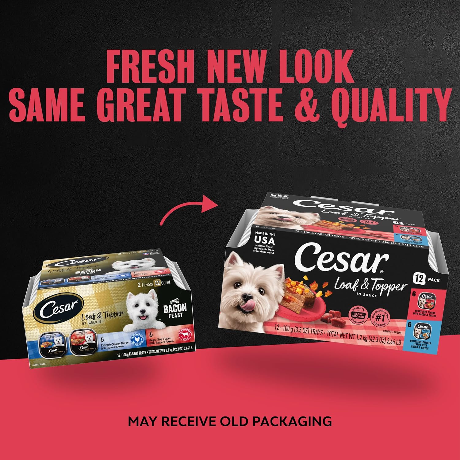 Cesar Loaf & Topper Wet Dog Food, Chicken & Filet, 3.5 oz, 12 Count, 2-Pack | Real beef or chicken #1 ingredient, no fillers or added sugar, no artificial flavors, complete & balanced, easy peel trays