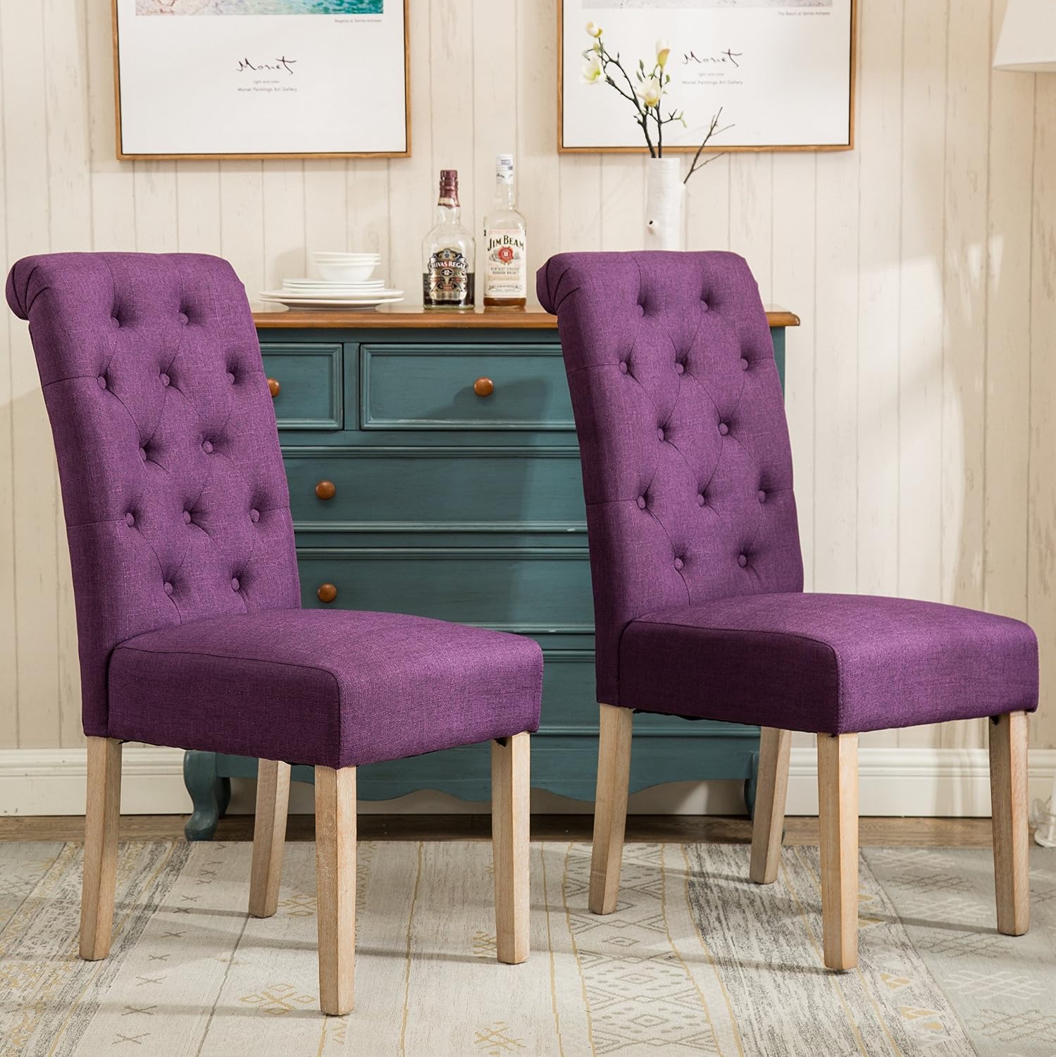 Roundhill Furniture Habit Solid Wood Tufted Parsons Dining Chair (Set of 2), Tan