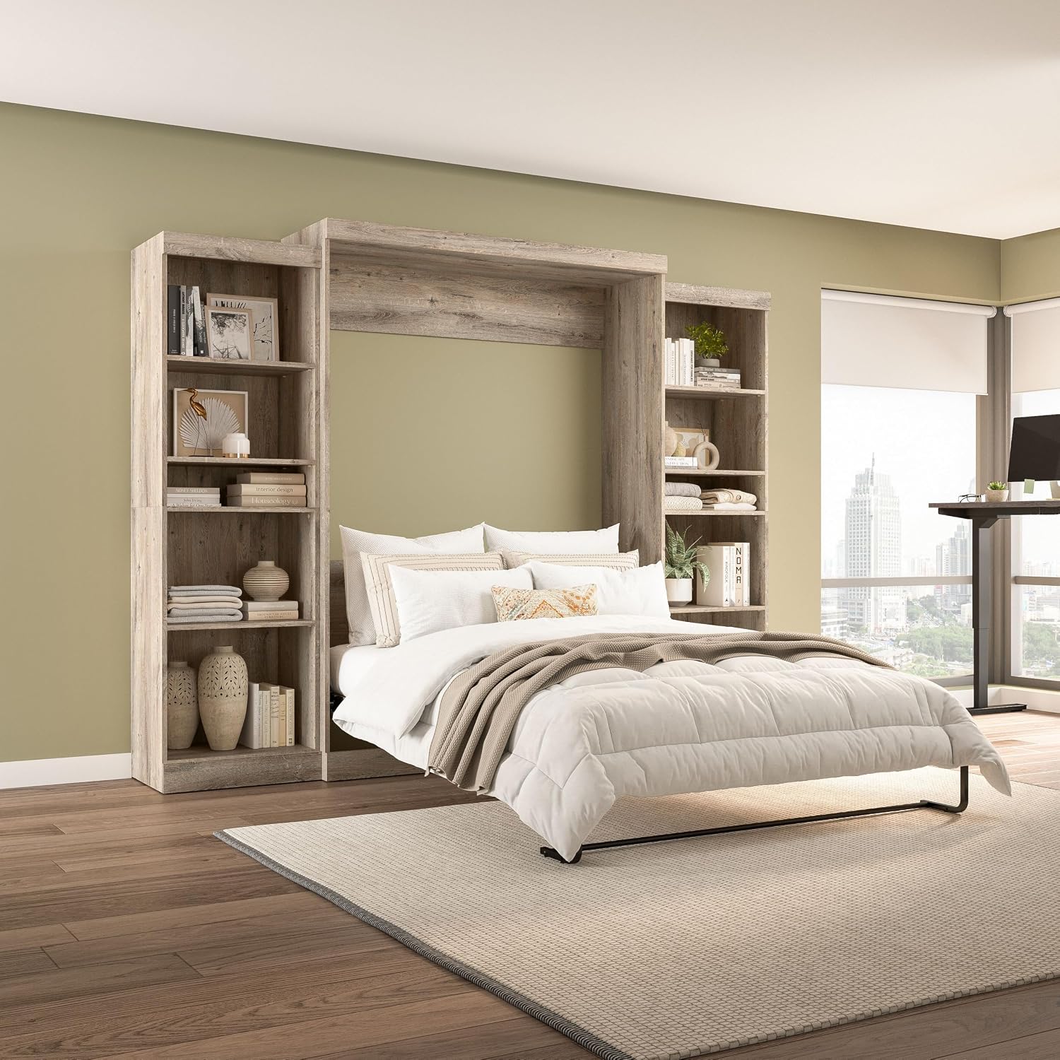 Bestar Pur Queen Murphy Bed, 65-inch Space-Saving Sleeping Arrangement for Multipurpose Area, Bedroom, Guest Room, or Living Room | Dual piston mechanism; for guest room or multipurpose space; Shaker-inspired trim with metal handles