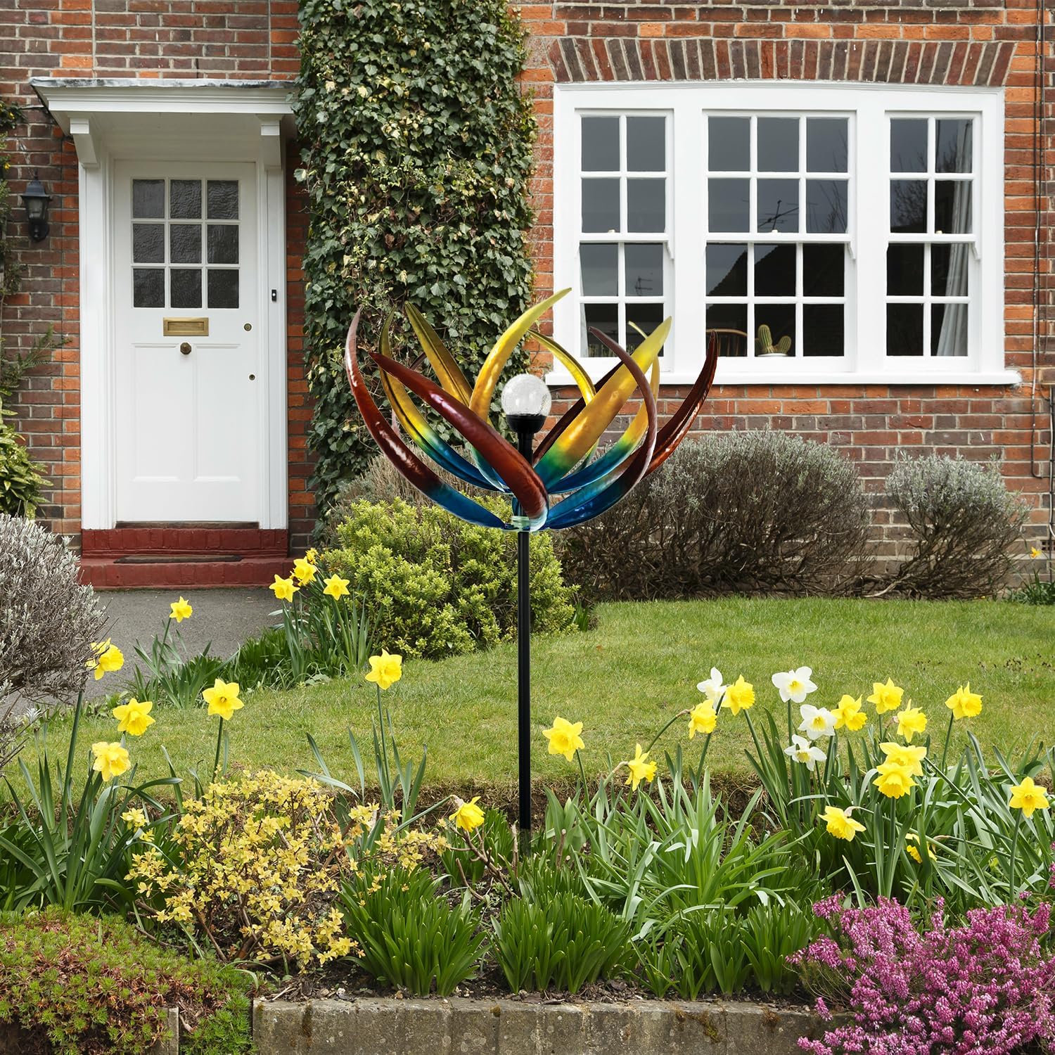 Bits and Pieces Tulip Wind Spinners Outdoor Solar Lighted Metal Wind Spinner, Large Kinetic Garden Sculptures, Crackle Glass Light