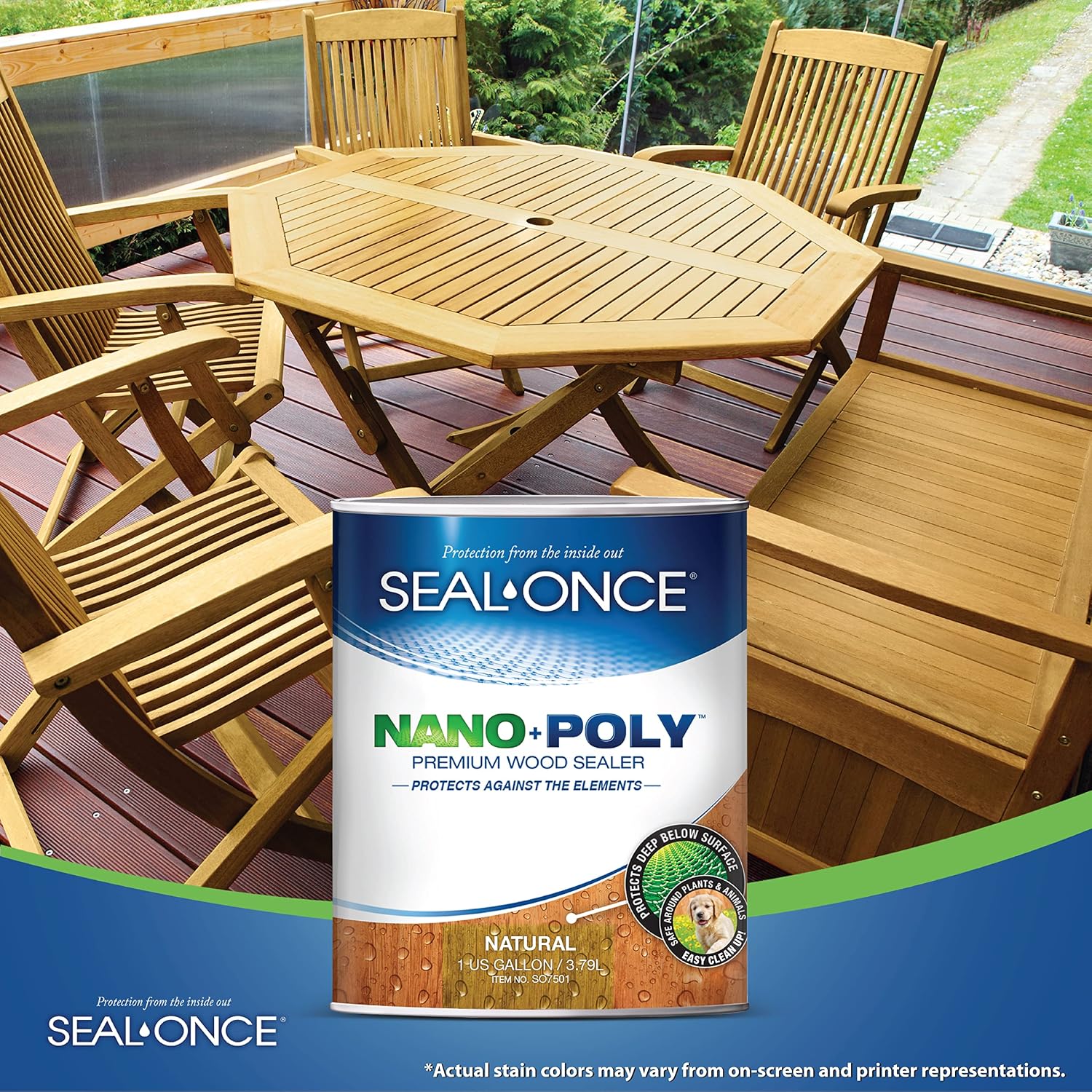 Seal-Once Nano+Poly Wood Sealer and Waterproofer, Clear, 1 Gallon | With Polyurethane, Water-based, Low-VOC, Waterproofer & Stain, For Decks, Fences & Log Homes