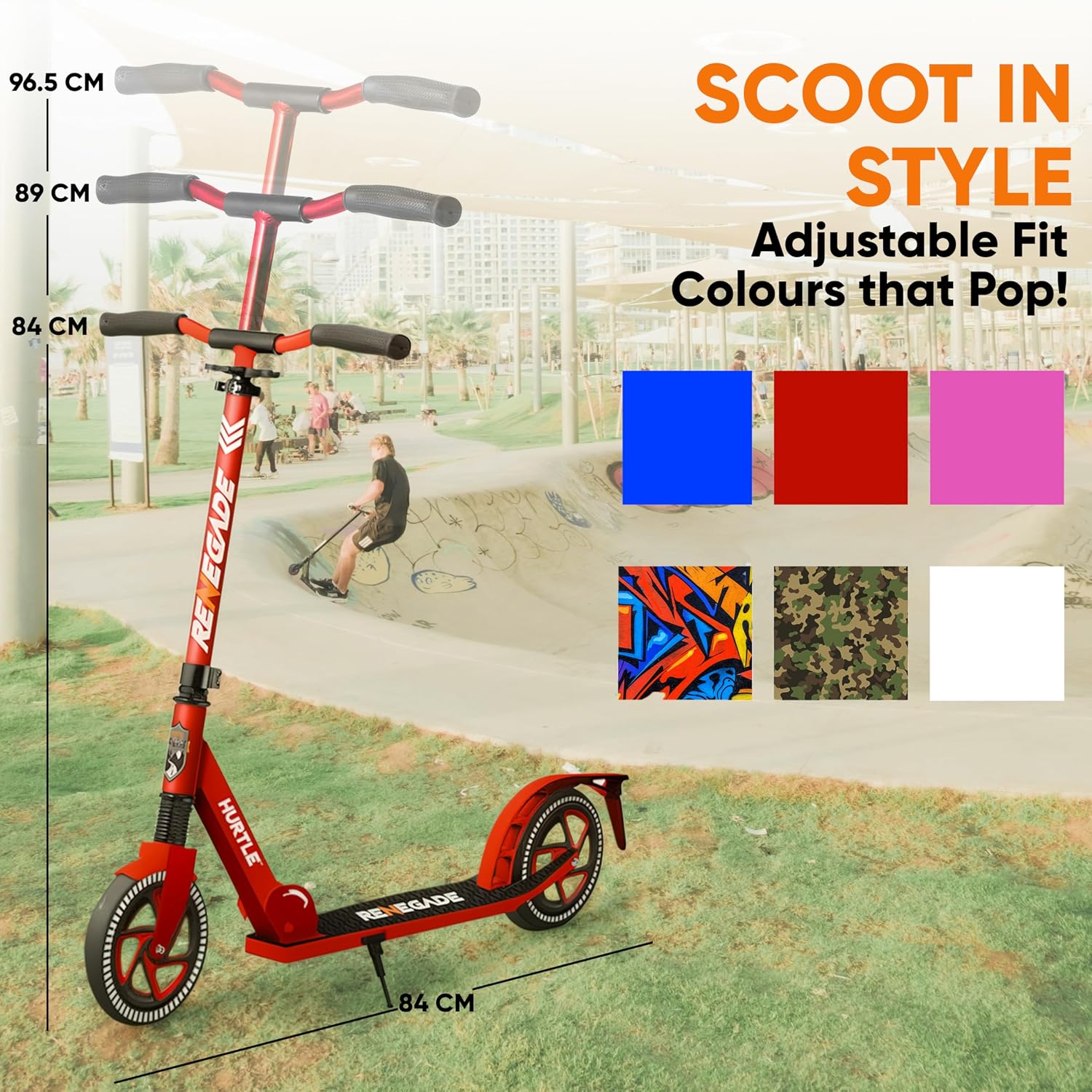 Hurtle Renegade Kick Scooter for Kids, Teenagers & Adults - 2-Wheel Folding Scooter with Adjustable T-Bar Handlebar - Alloy Anti-Slip Deck