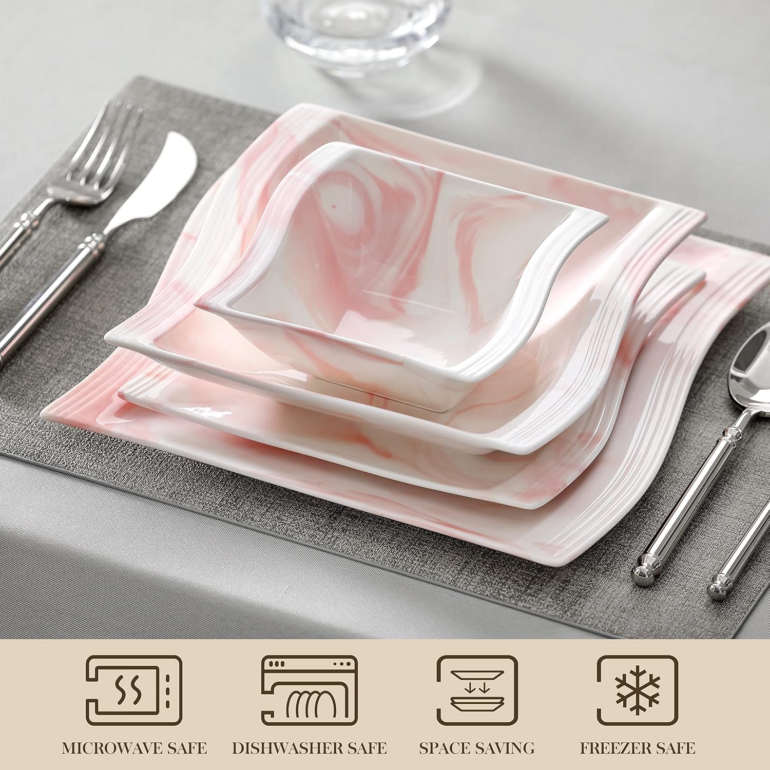 MALACASA Plates and Bowls Sets, 26 Pieces Ivory White Porcelain Dinnerware Sets without Mugs, Square Dinnerware with Dinner Plates, Bowls and Serving Platters, Modern Dish Set for 6, Series Flora