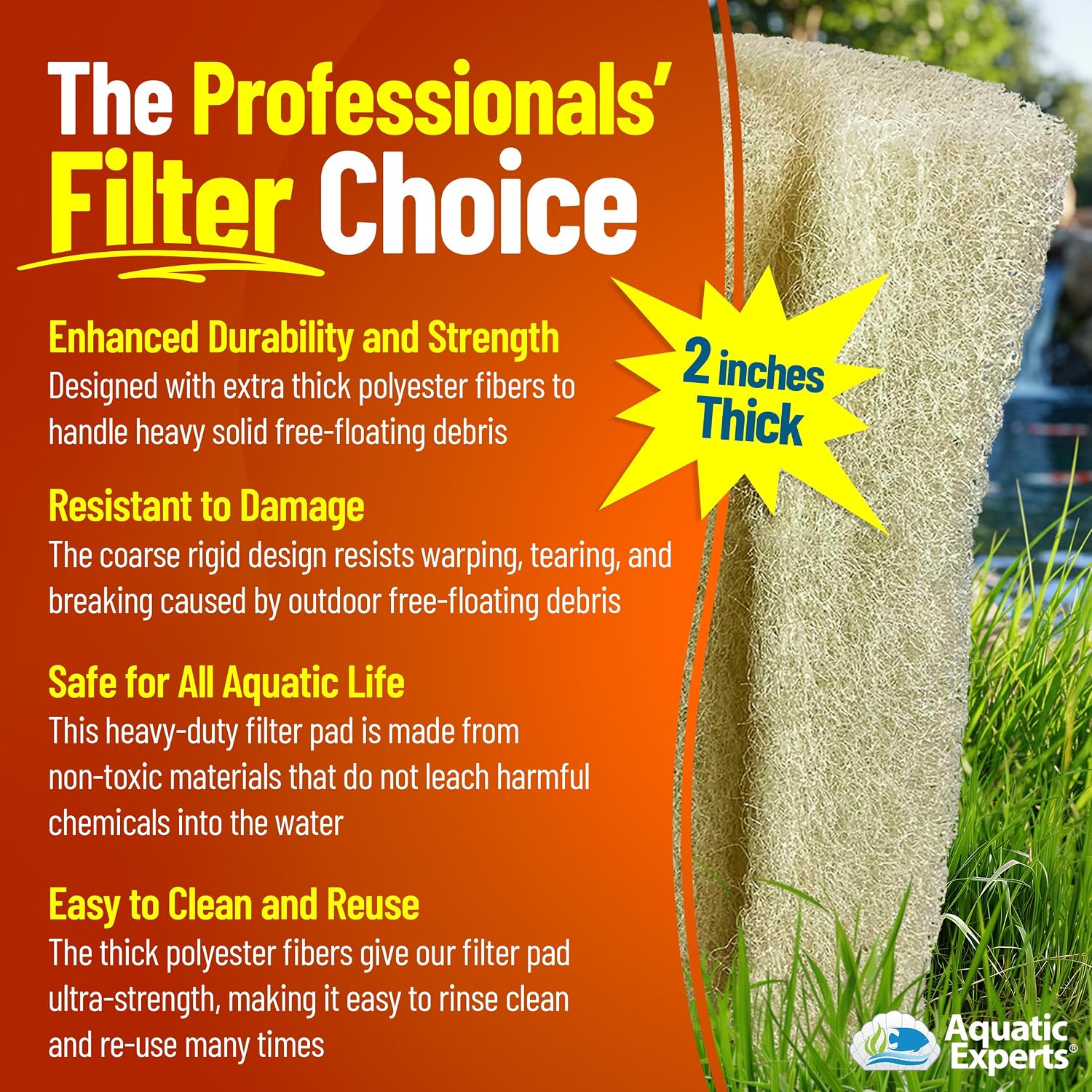 Aquatic Experts Cream COARSE Pond Filter Pad - 2 inch Thick - Bulk Roll Water Garden Filter Pond Media - Made in USA, (12" x 36")