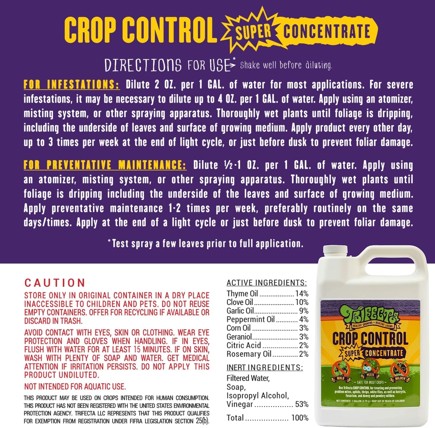 Trifecta Crop Control Super Concentrate | 4 oz | All-in-One Pesticide, Fungicide, Miticide And Insecticide | For Spider Mites, Mildew, Mold And Botrytis