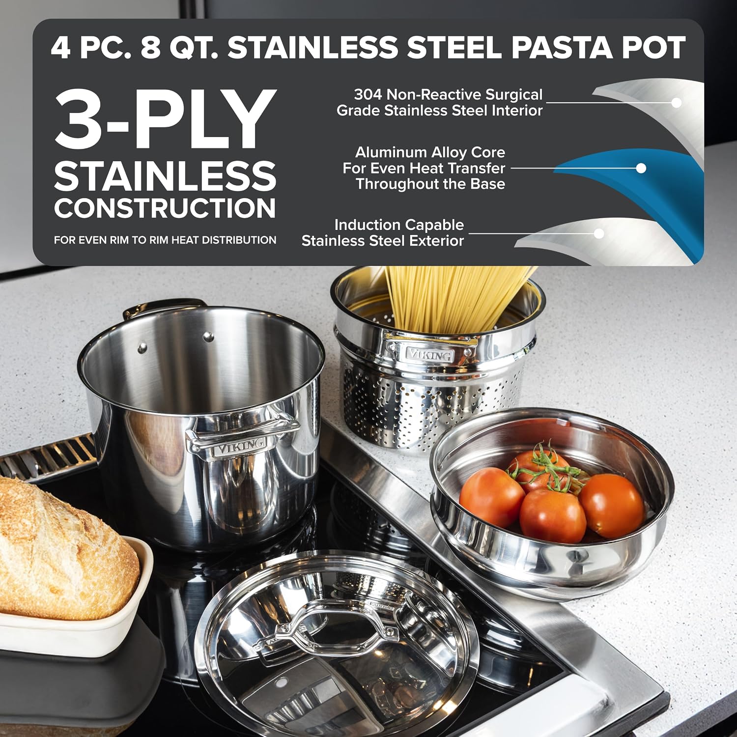 Viking 3-Ply Stainless Steel Pasta Pot with Lid, 8 Quart, 4 Piece Multipot Kitchen Cookware, Includes Pasta Insert and Steamer Basket