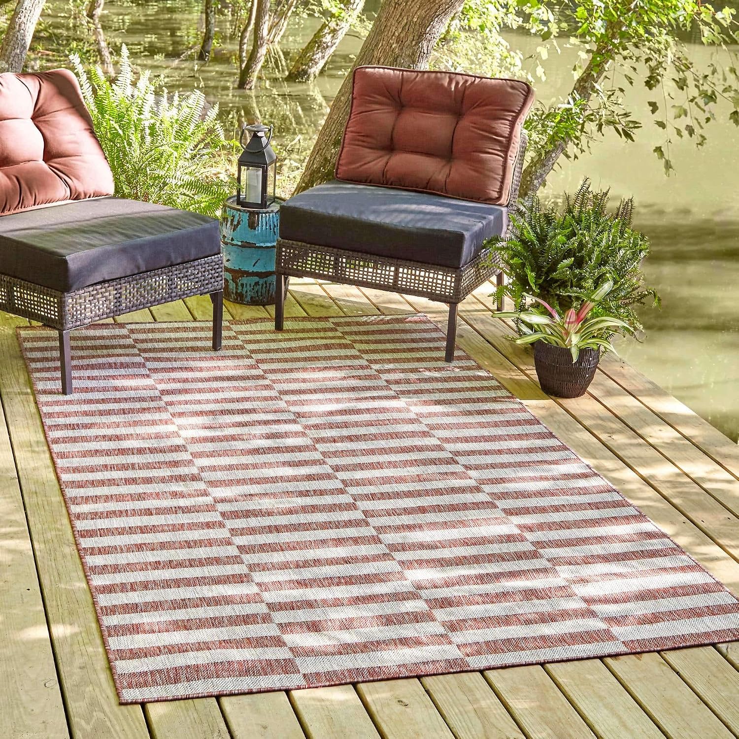 Unique Loom Outdoor Striped Collection Area Rug - Striped (7' 1" x 10' Rectangle, Taupe/Ivory)