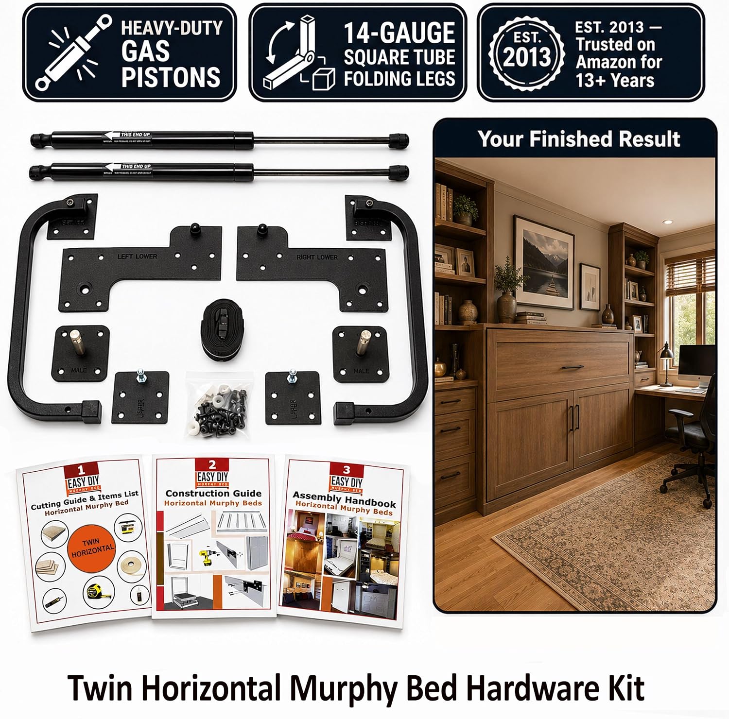 Queen Size Murphy Bed Hardware Kit — Vertical Wall Bed Frame | DIY Murphy Bed Kit with Gas Pistons + 3 Step-by-Step Guides | Made in North America | Hideaway Bed Mechanism
