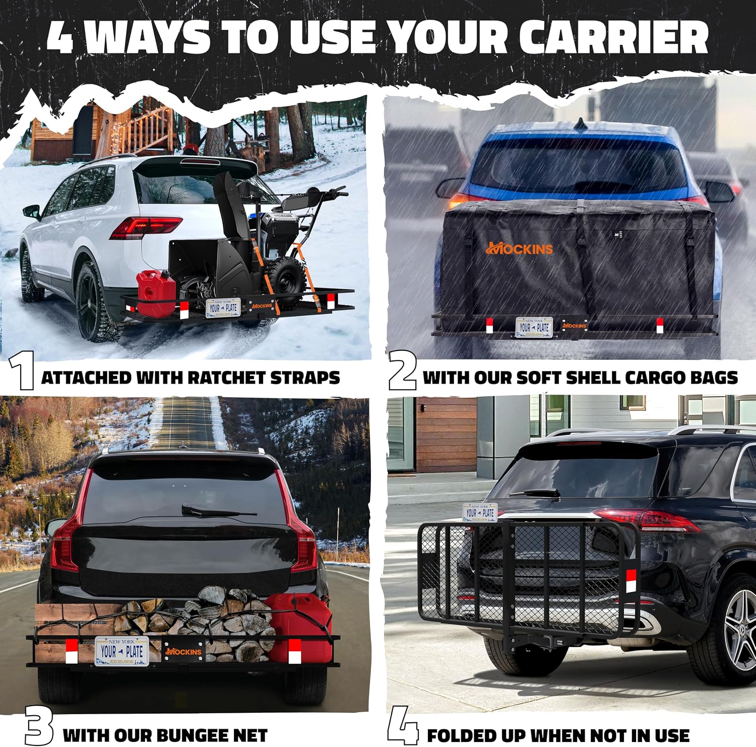 Mockins 500 lb. Capacity Folding Luggage Rack for SUV Car Truck ATV & More | Steel Trailer Hitch Cargo Carrier 60"x20"x6" w/ 16 Cu Ft Waterproof