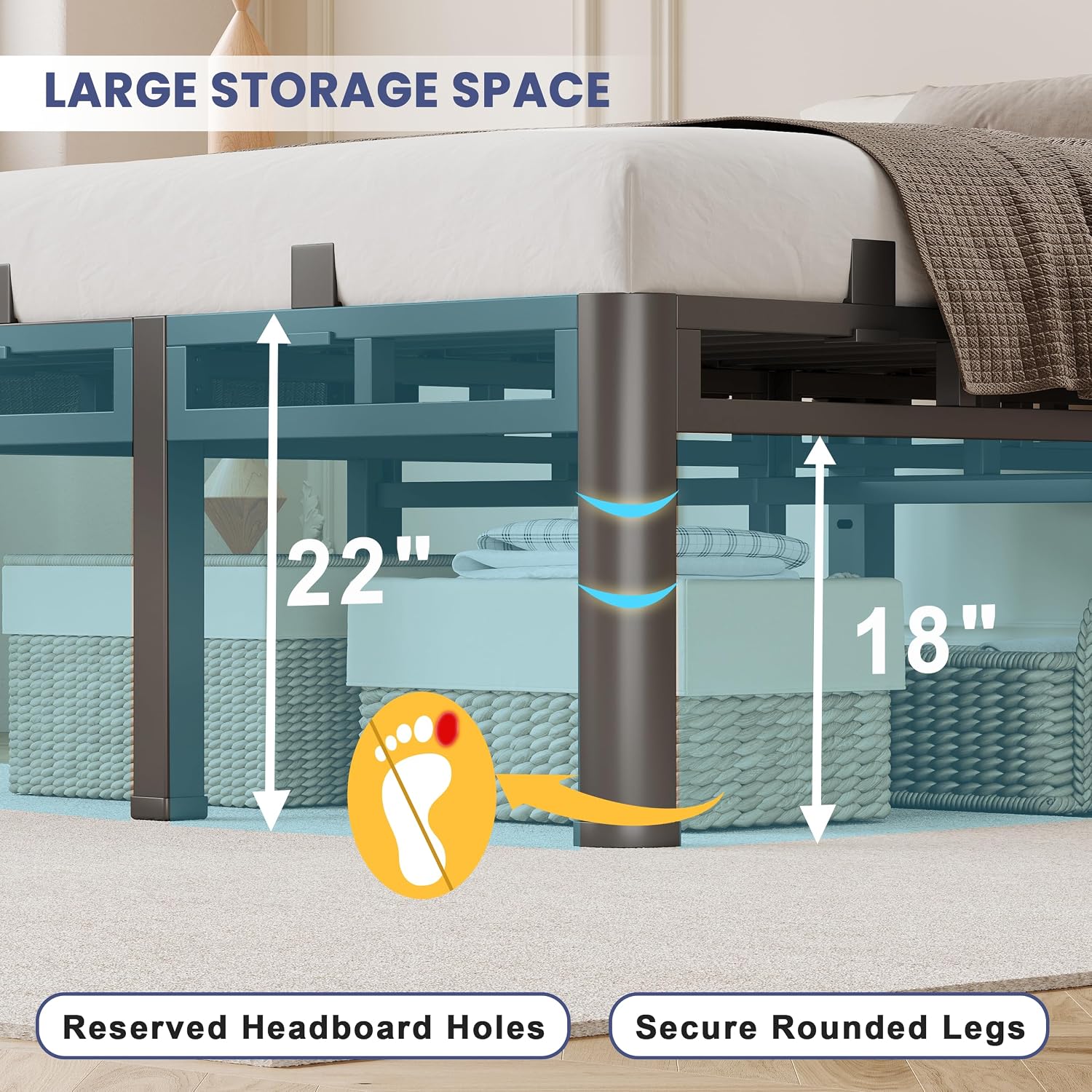 20 Inch Queen Size Bed Frame,Double Layer Heavy Duty Metal Platform Tall | Easy Assembly,Noise Free,2in1 Base,4000lbs Capacity,6 Mattress Stoppers,Round Corner Legs,16"Storage Space,Headboard Holes